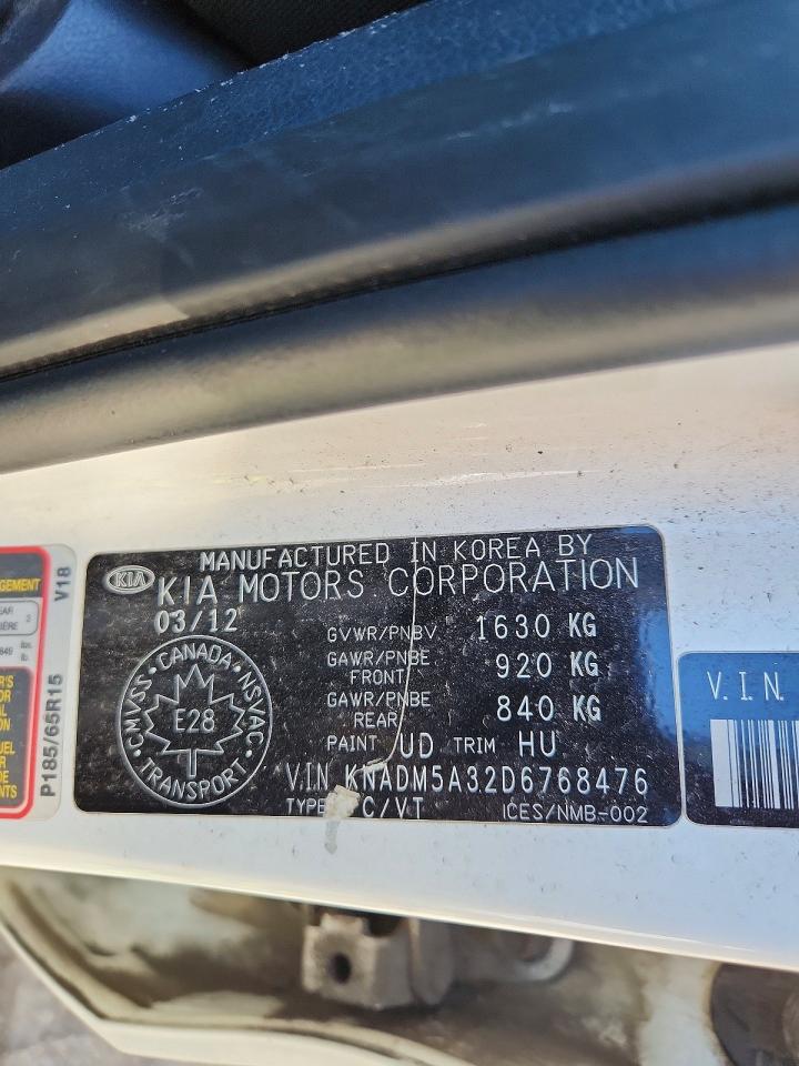 2013 Kia Rio Lx White vin: KNADM5A32D6768476