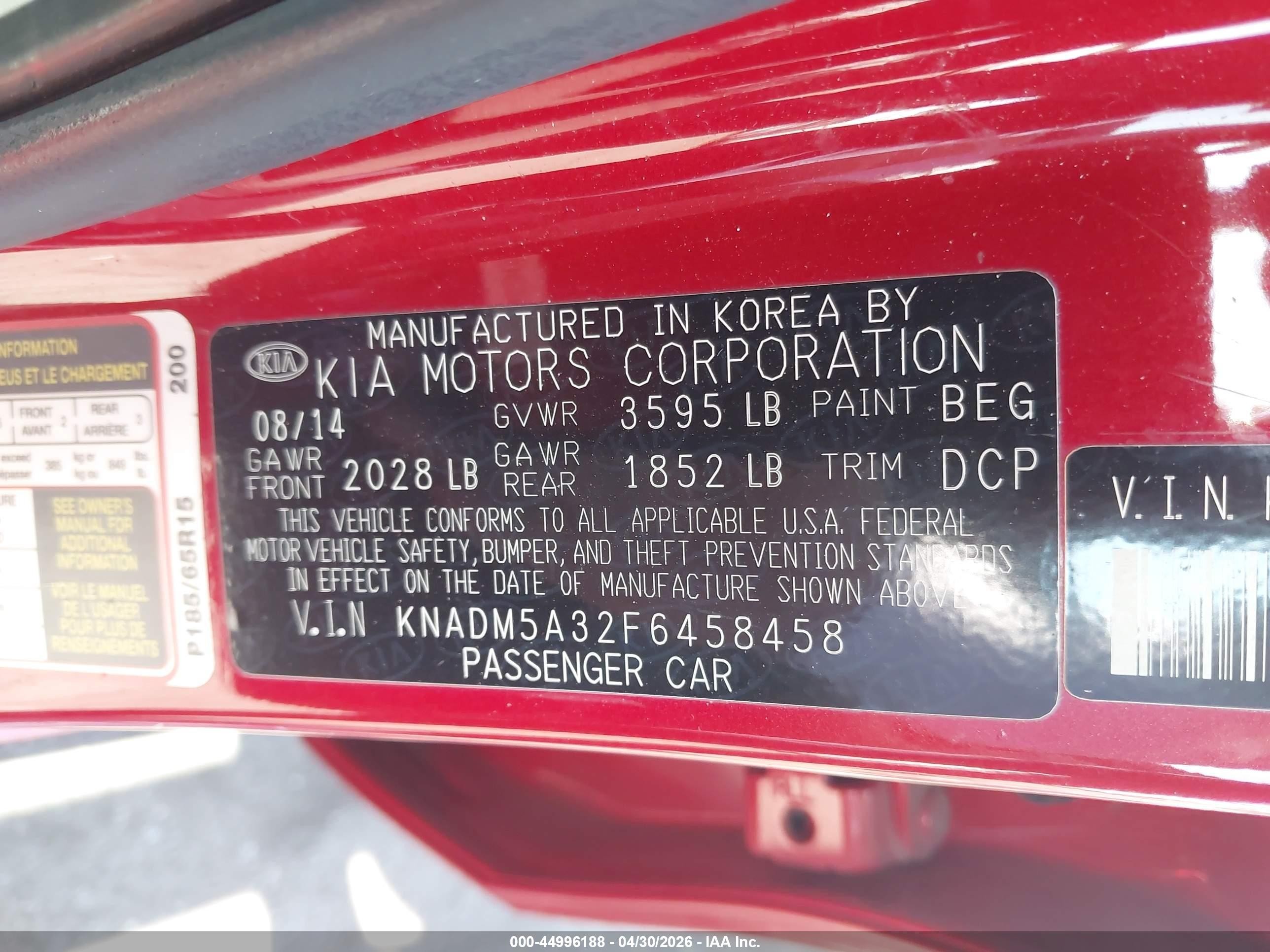 2015 Kia Rio Lx Red vin: KNADM5A32F6458458