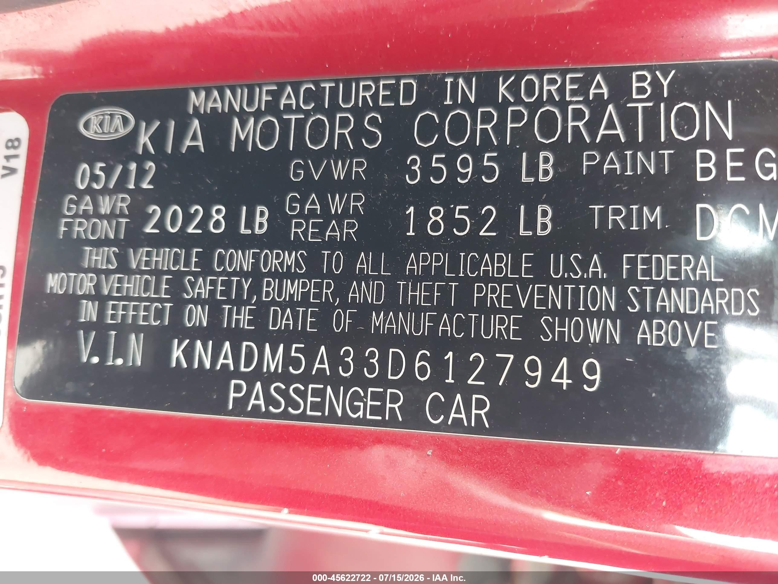 2013 Kia Rio Lx Red vin: KNADM5A33D6127949