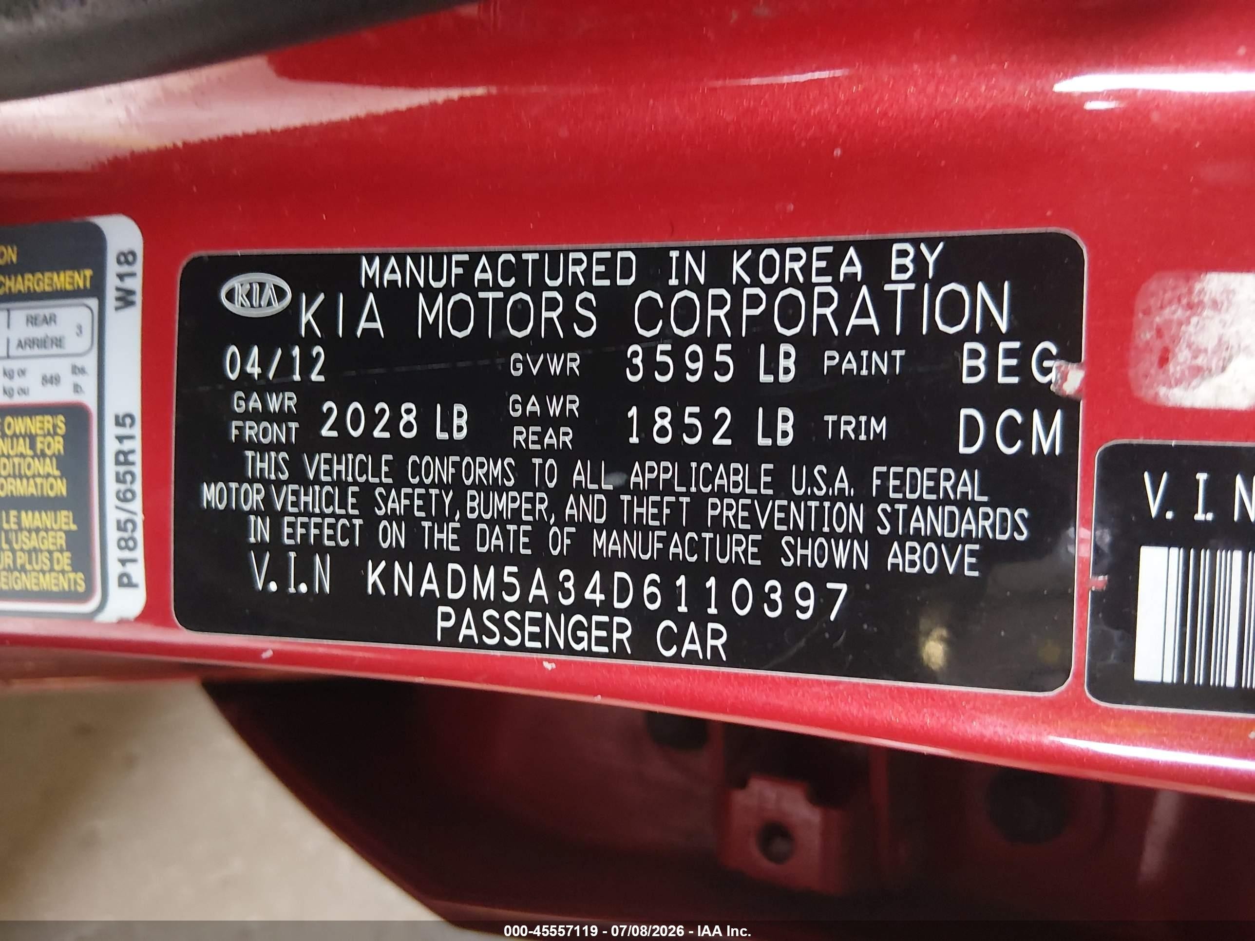 2013 Kia Rio Lx Red vin: KNADM5A34D6110397