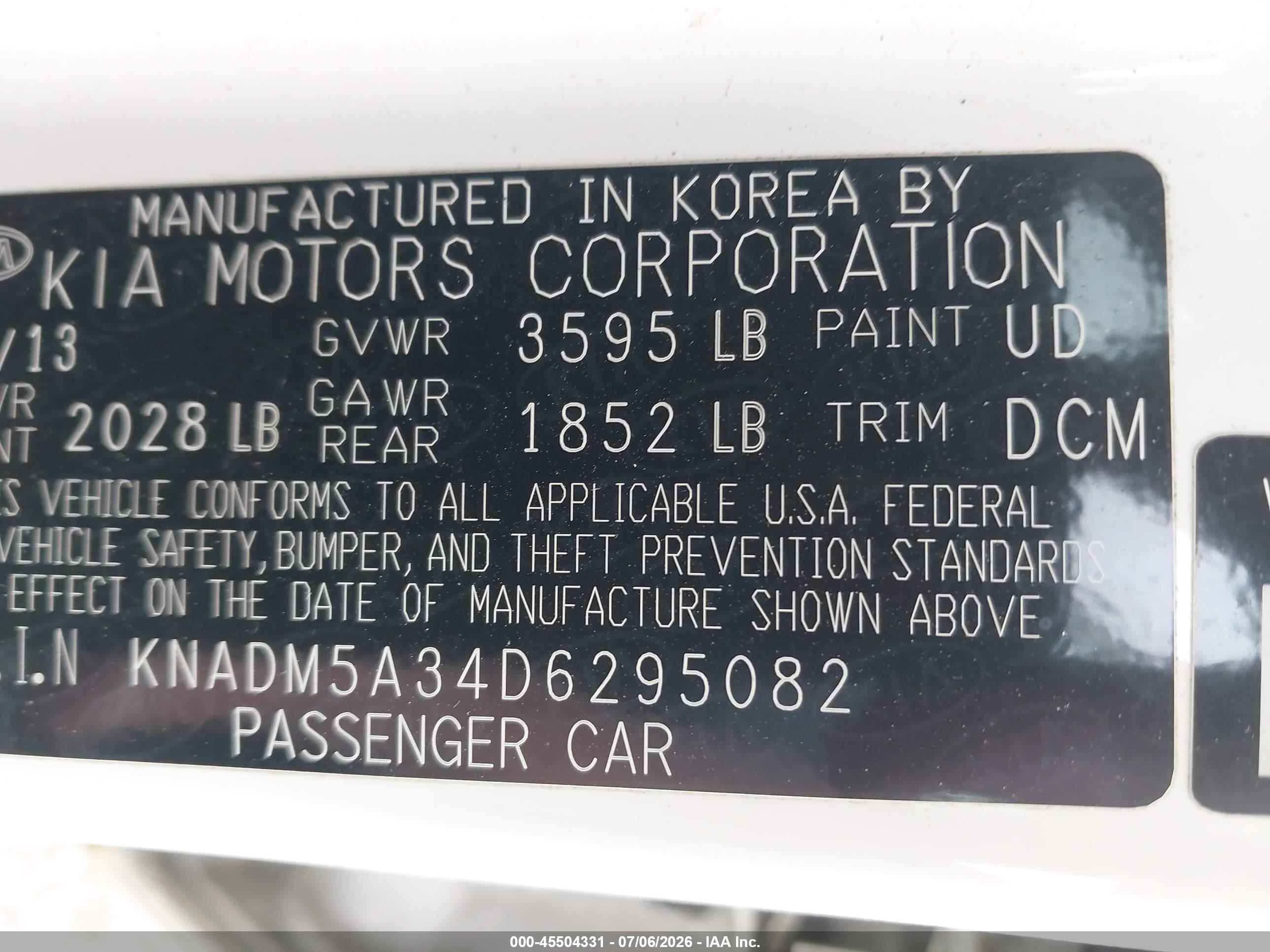2013 Kia Rio Lx White vin: KNADM5A34D6295082