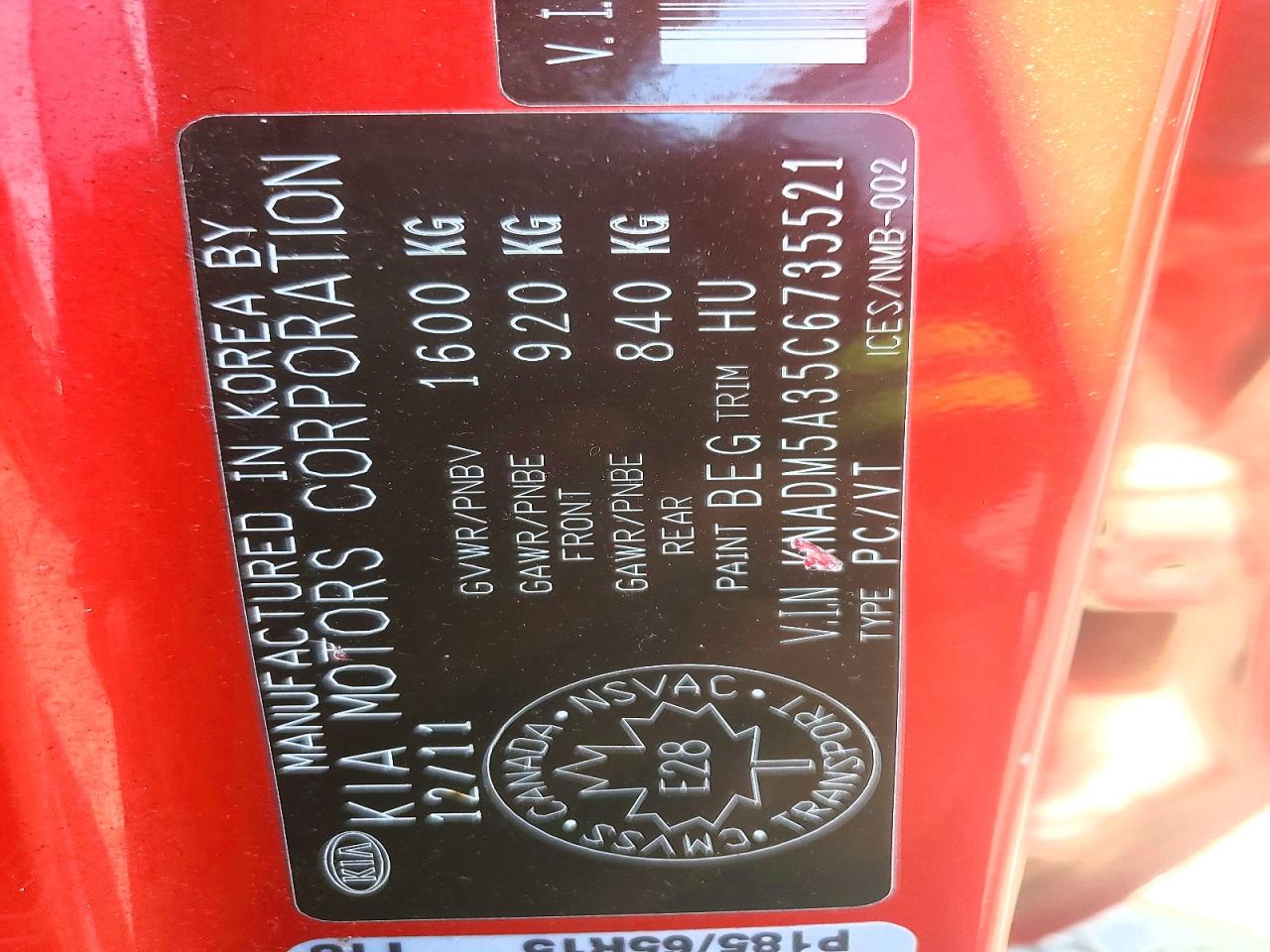 2012 Kia Rio Lx Red vin: KNADM5A35C6735521