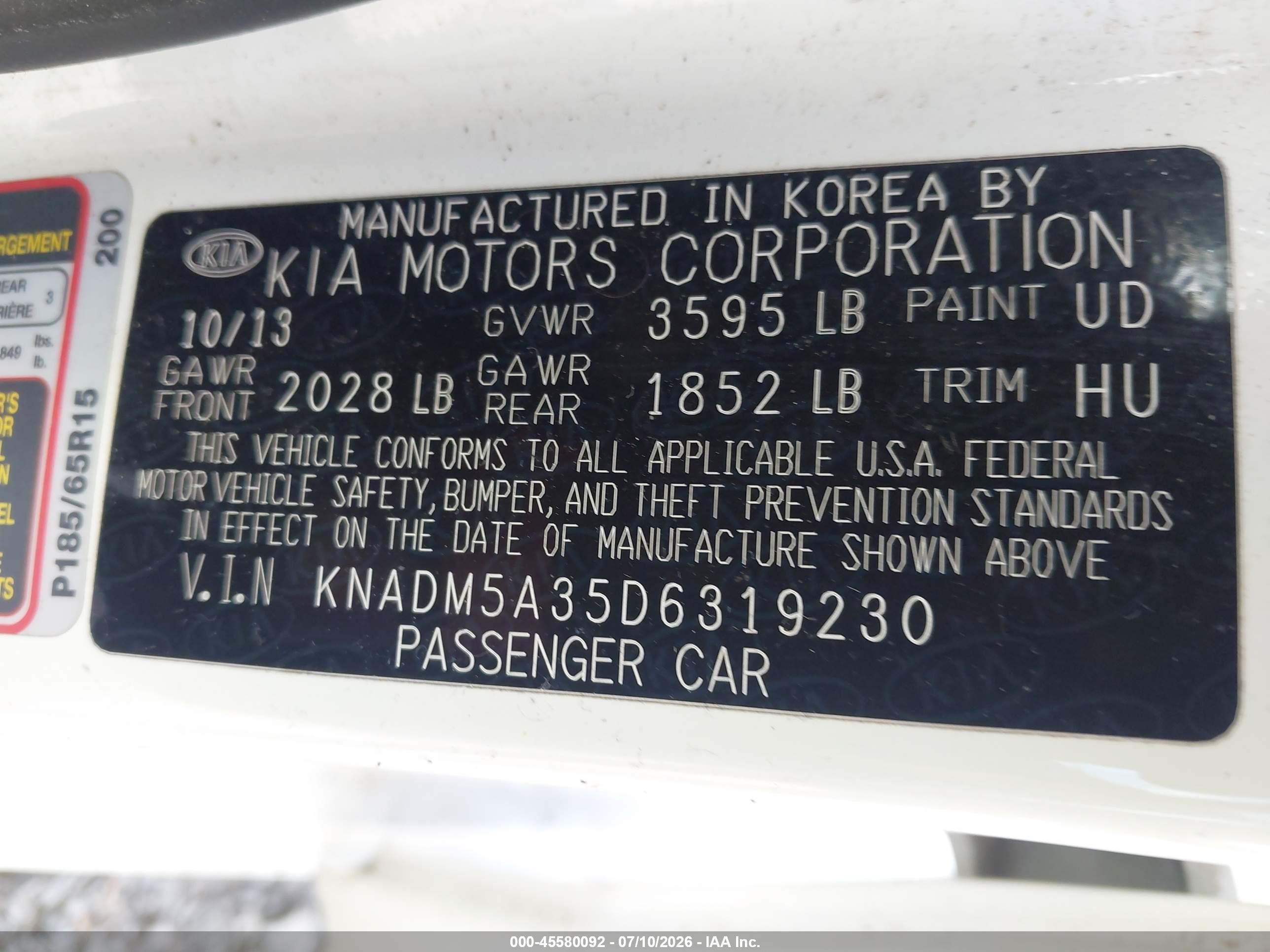 2013 Kia Rio Lx White vin: KNADM5A35D6319230