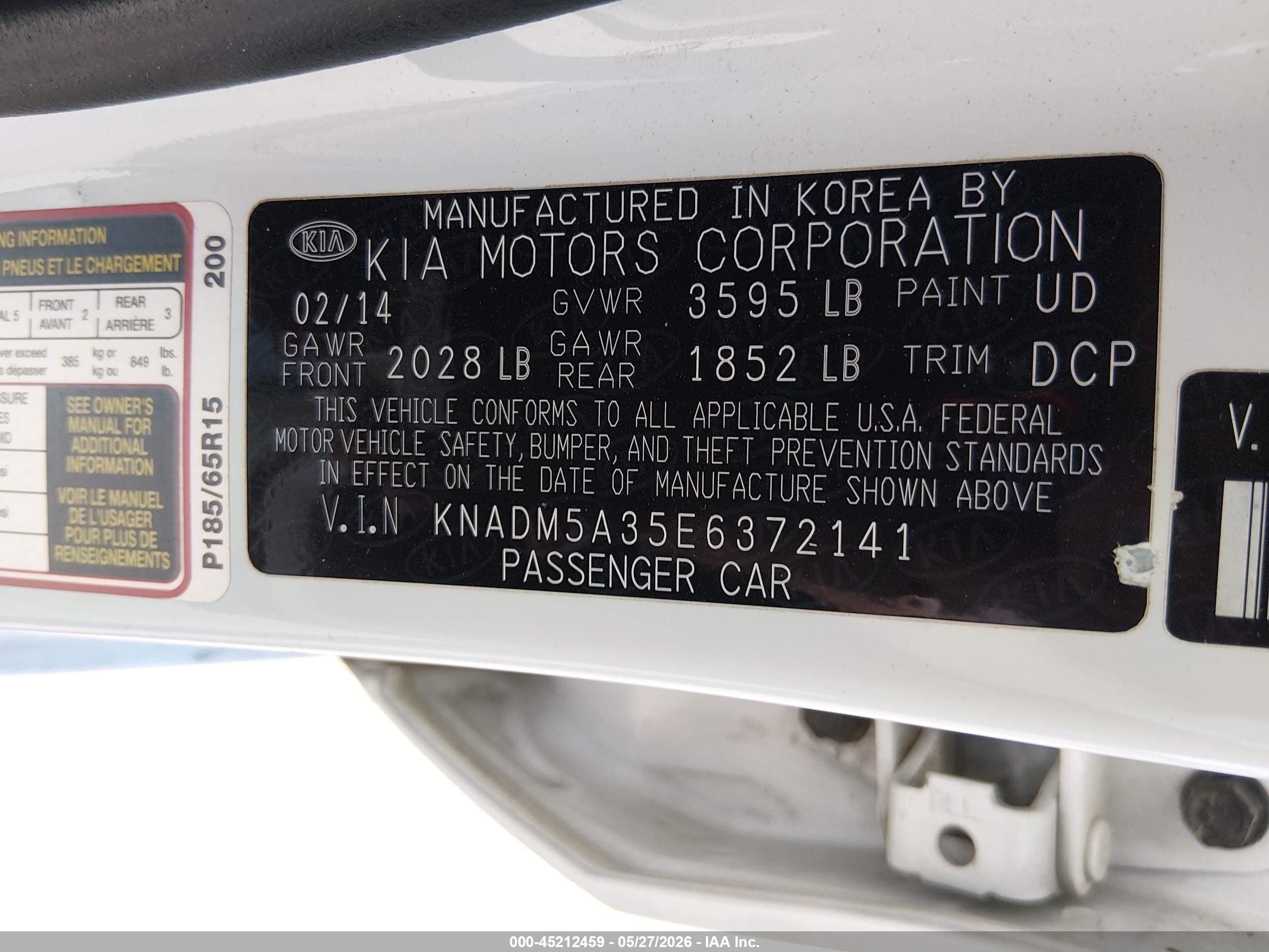 2014 Kia Rio Lx White vin: KNADM5A35E6372141
