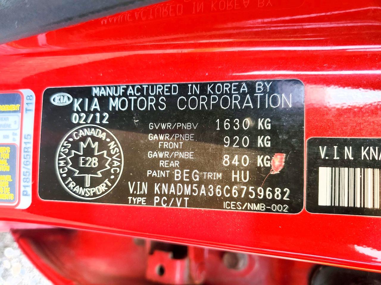 2012 Kia Rio Lx Red vin: KNADM5A36C6759682