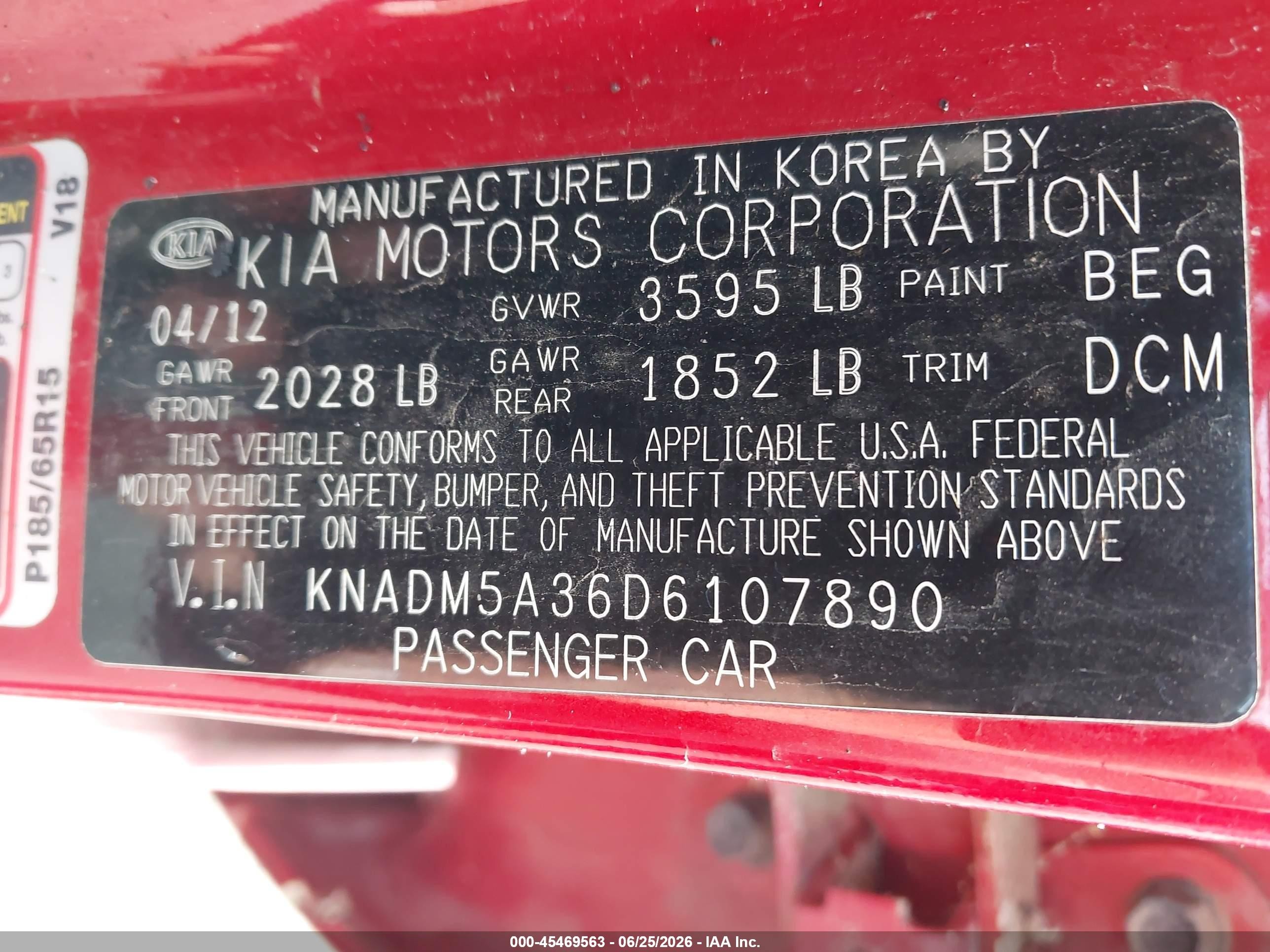 2013 Kia Rio Lx Red vin: KNADM5A36D6107890
