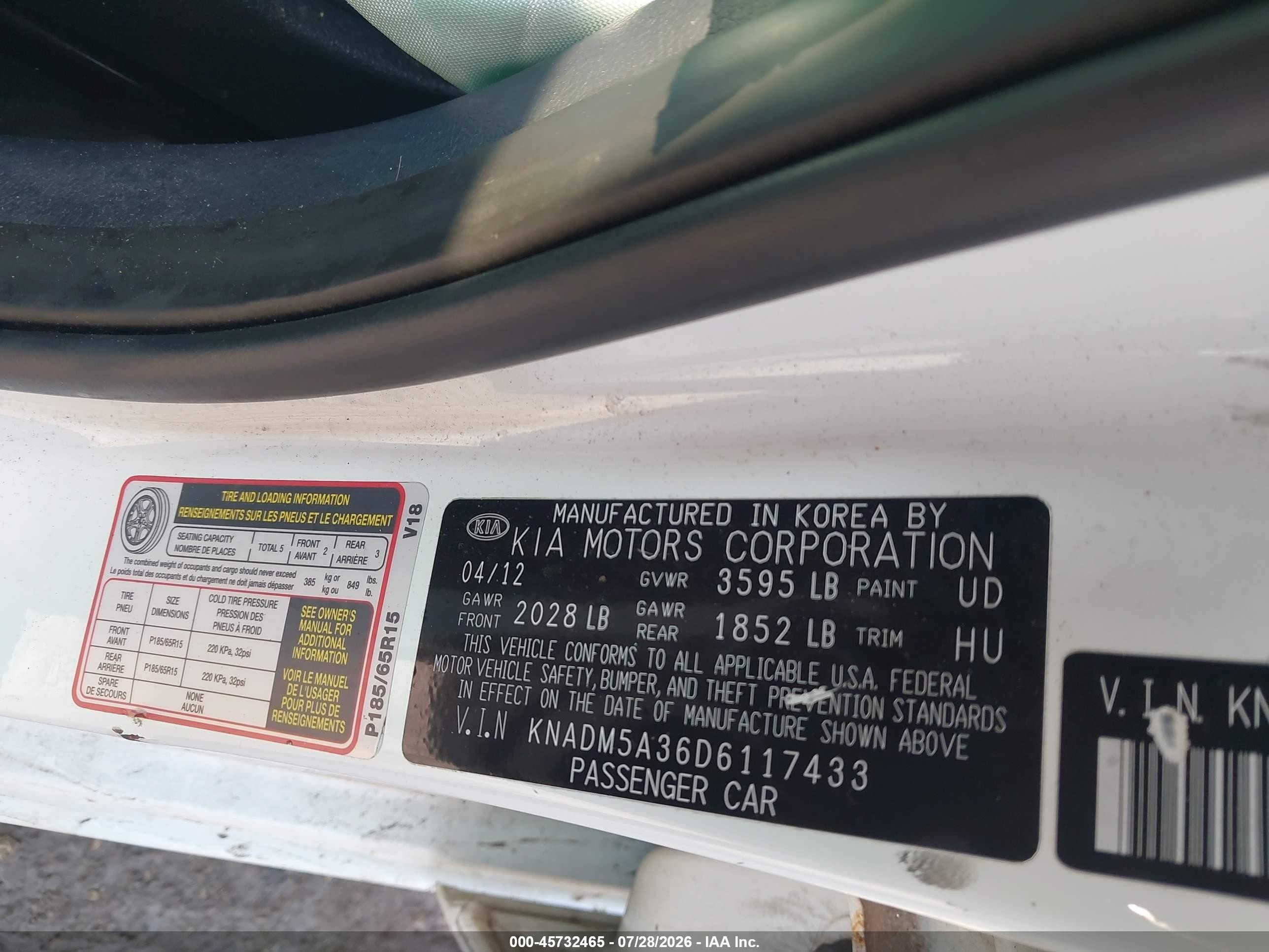 2013 Kia Rio Lx White vin: KNADM5A36D6117433