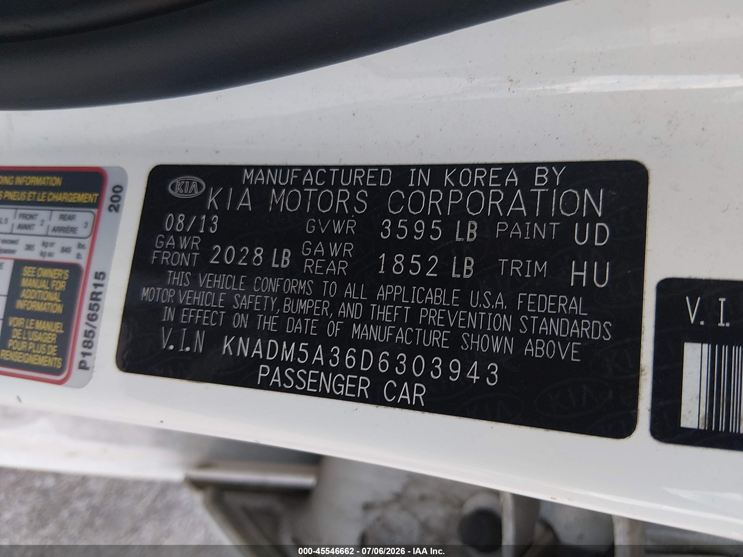 2013 Kia Rio Lx Белый vin: KNADM5A36D6303943