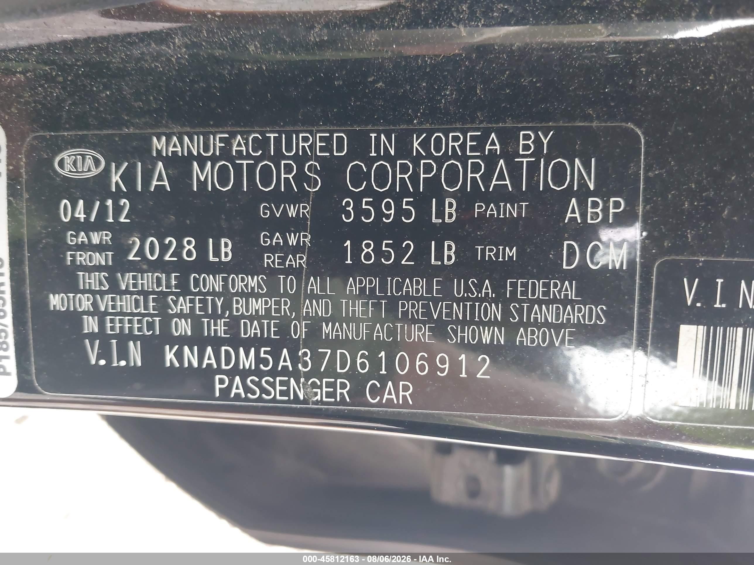 2013 Kia Rio Lx Black vin: KNADM5A37D6106912