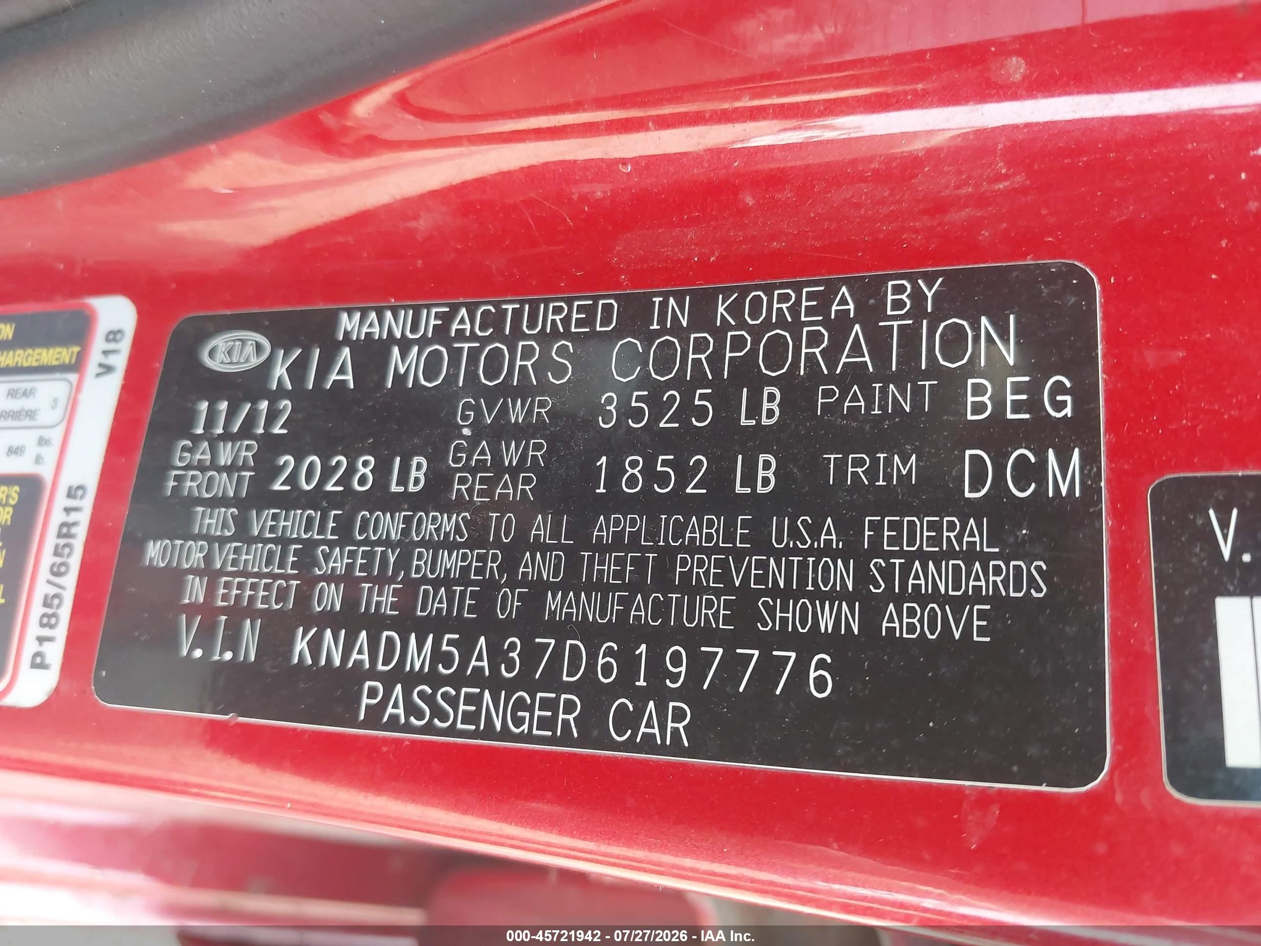 2013 Kia Rio Lx Red vin: KNADM5A37D6197776