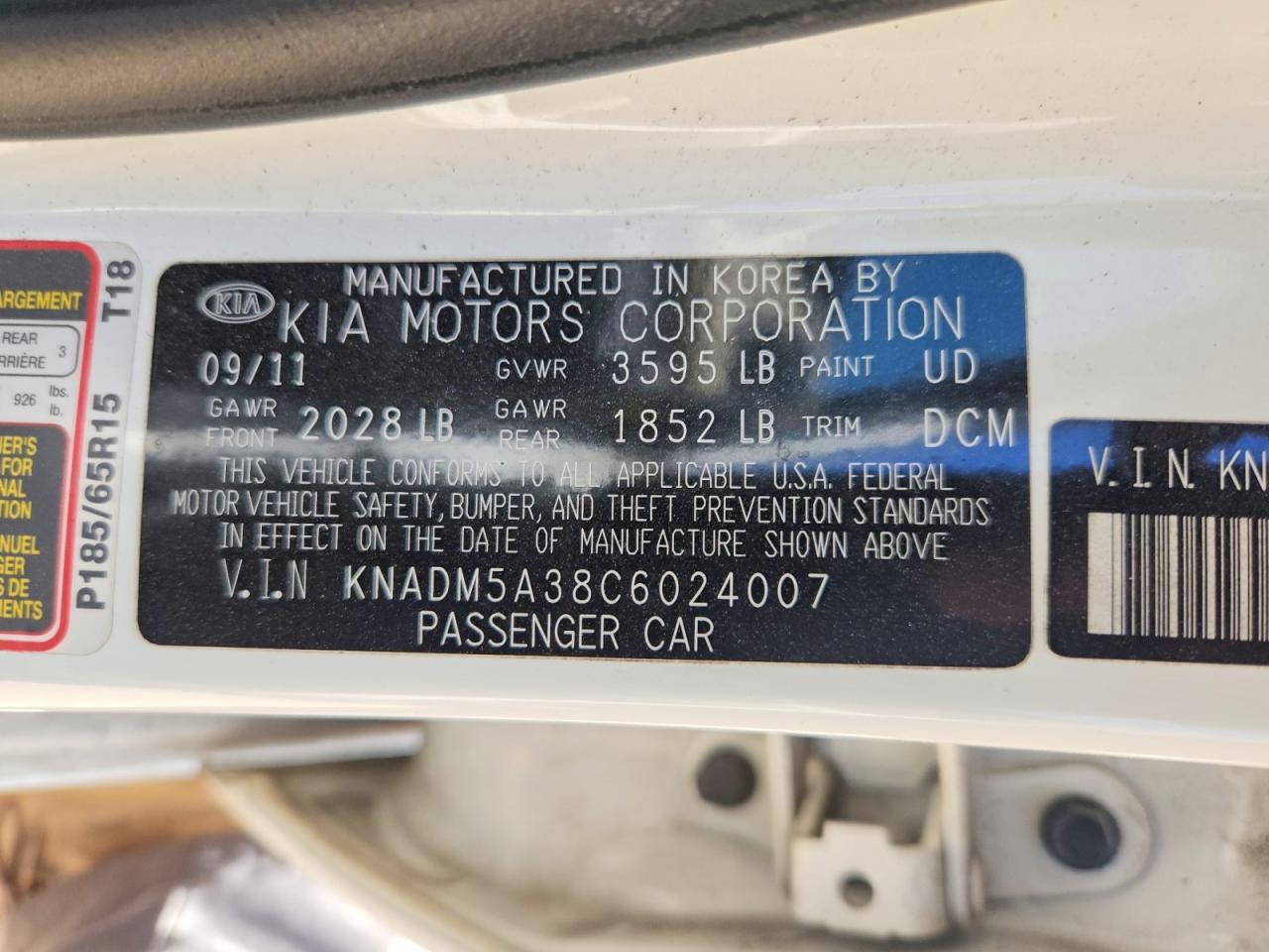2012 Kia Rio Lx White vin: KNADM5A38C6024007