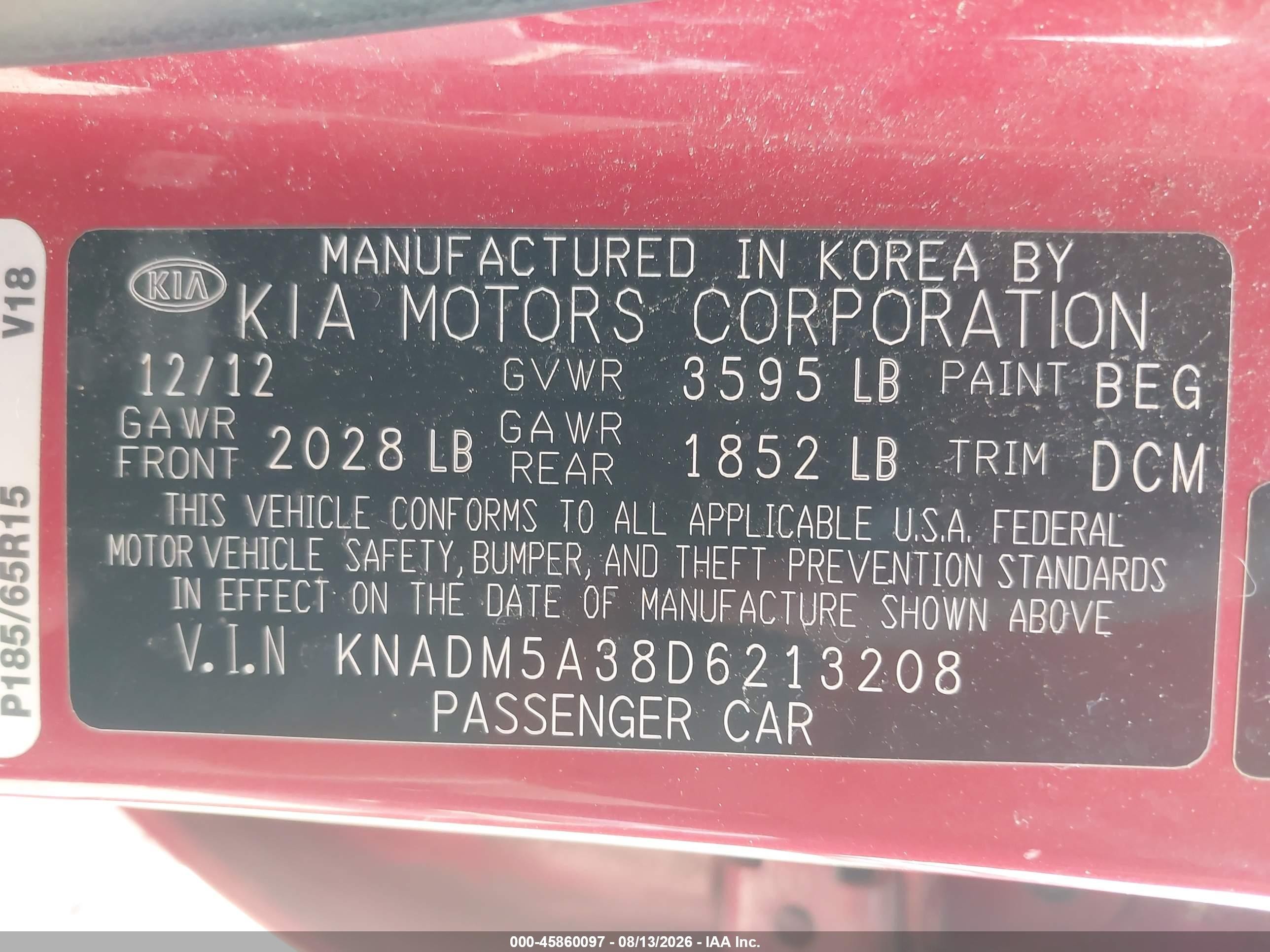 2013 Kia Rio Lx Red vin: KNADM5A38D6213208