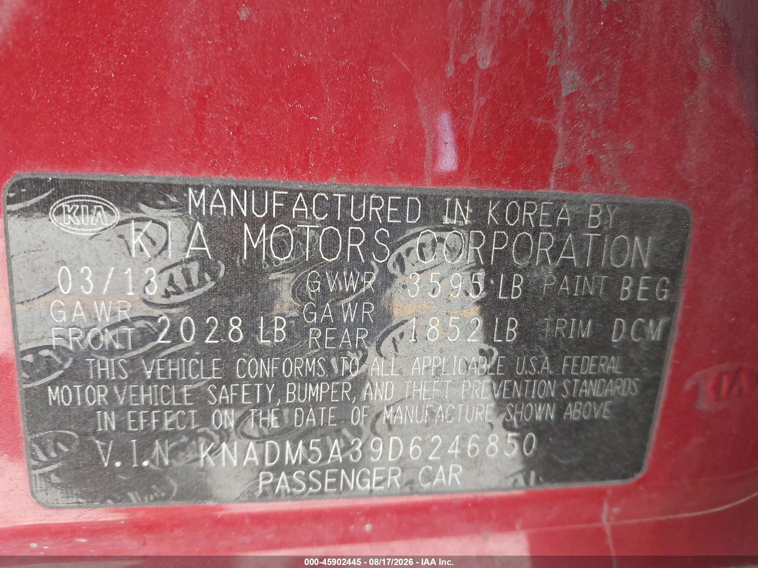 2013 Kia Rio Lx Red vin: KNADM5A39D6246850