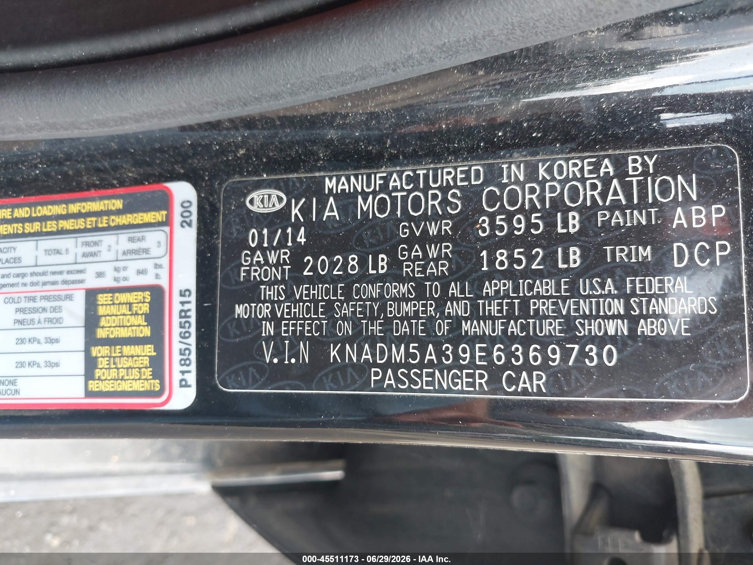 2014 Kia Rio Lx Black vin: KNADM5A39E6369730