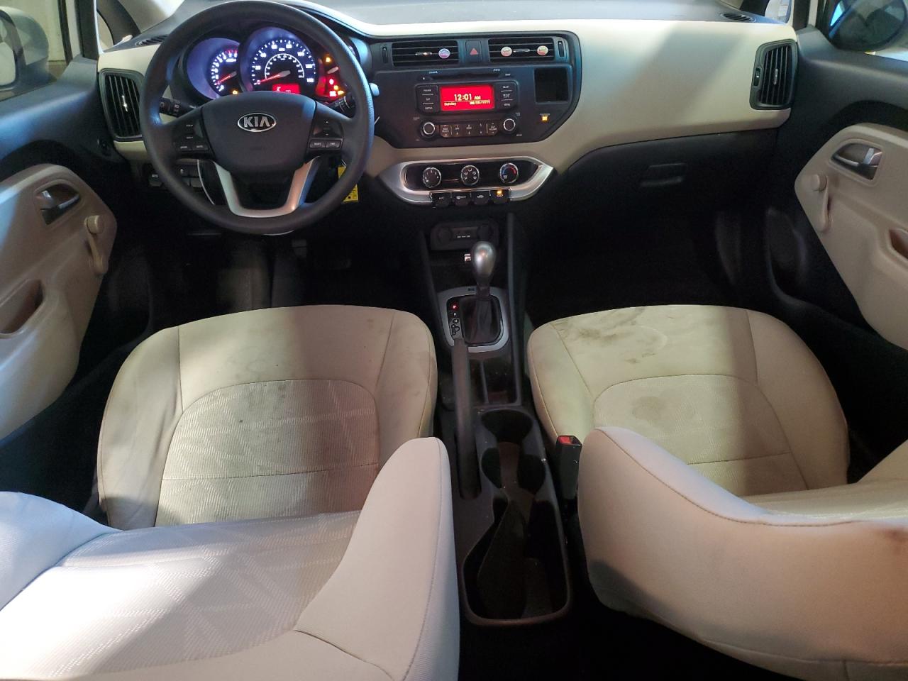 2013 Kia Rio Lx White vin: KNADM5A3XD6301080 Damage: Right Front Seat Cushion, Stained, Permanent