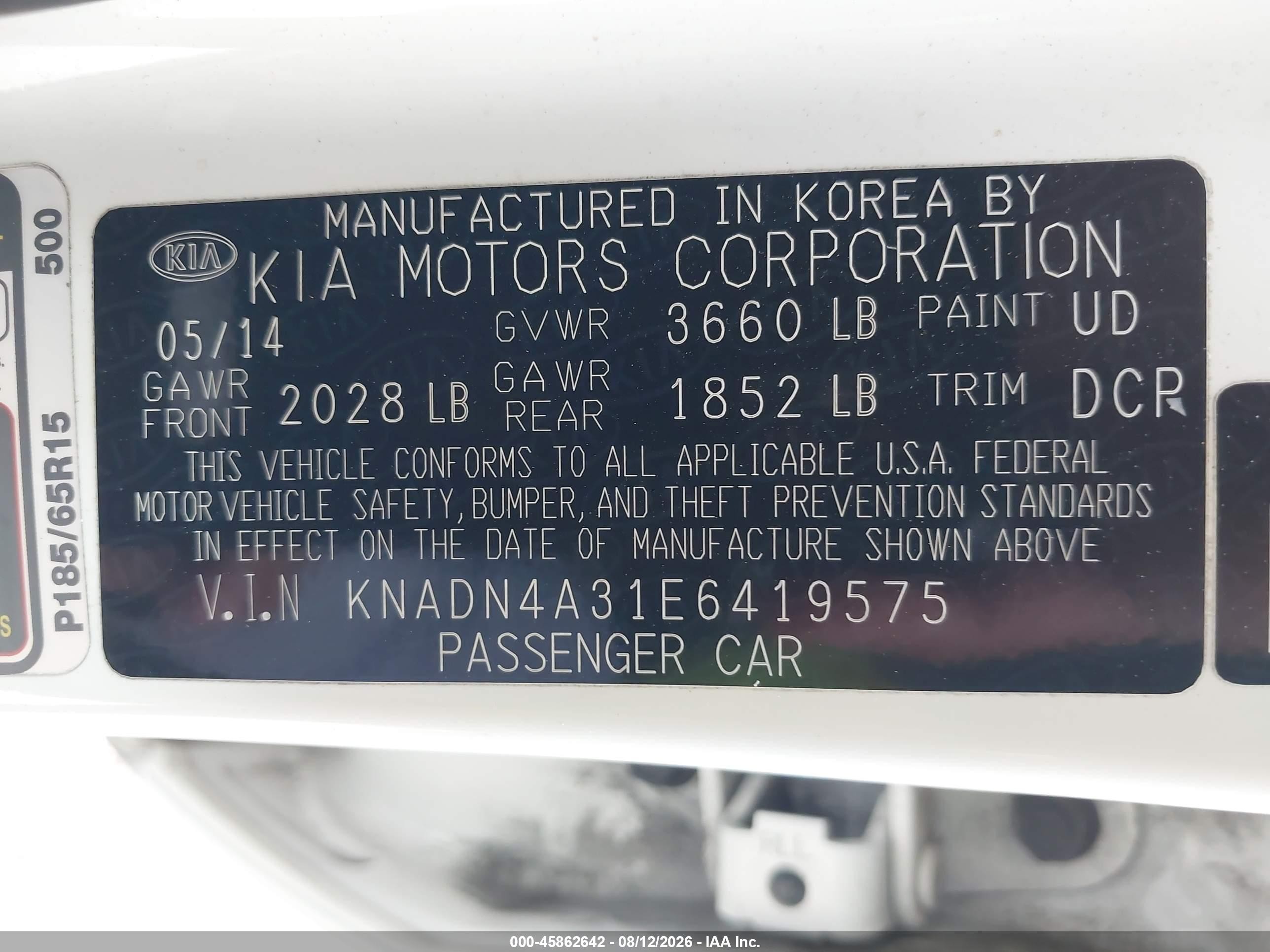 2014 Kia Rio Ex White vin: KNADN4A31E6419575