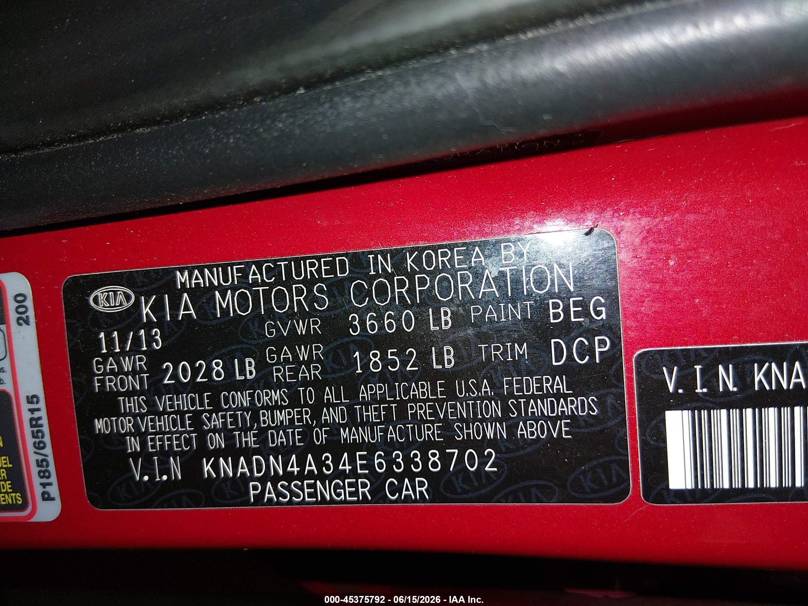 2014 Kia Rio Ex Red vin: KNADN4A34E6338702