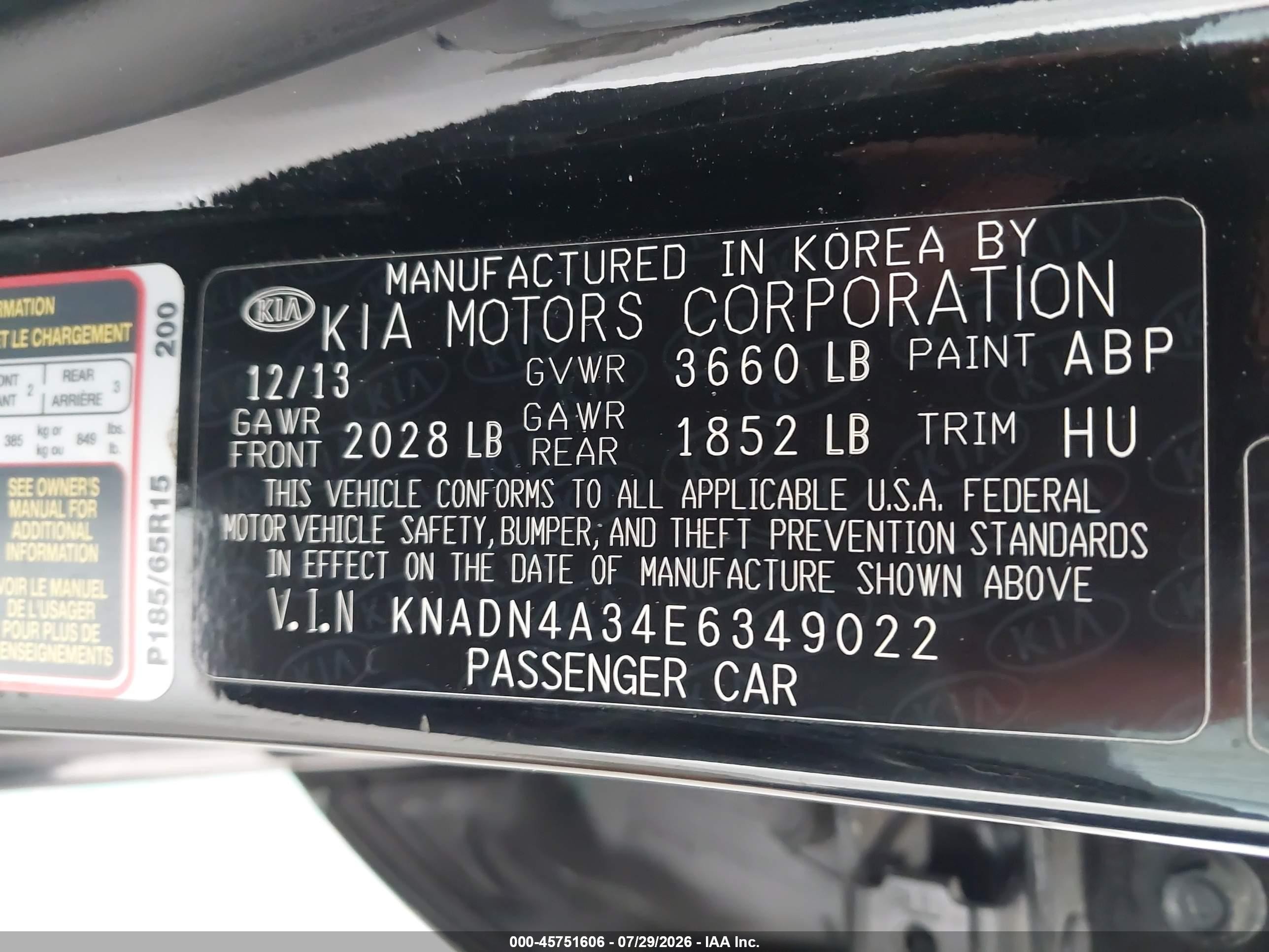 2014 Kia Rio Ex Black vin: KNADN4A34E6349022