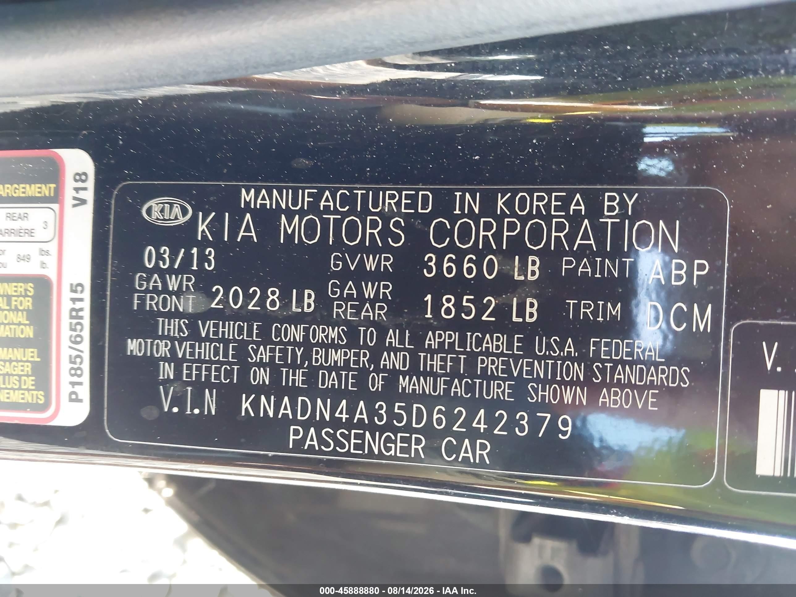 2013 Kia Rio Ex Black vin: KNADN4A35D6242379