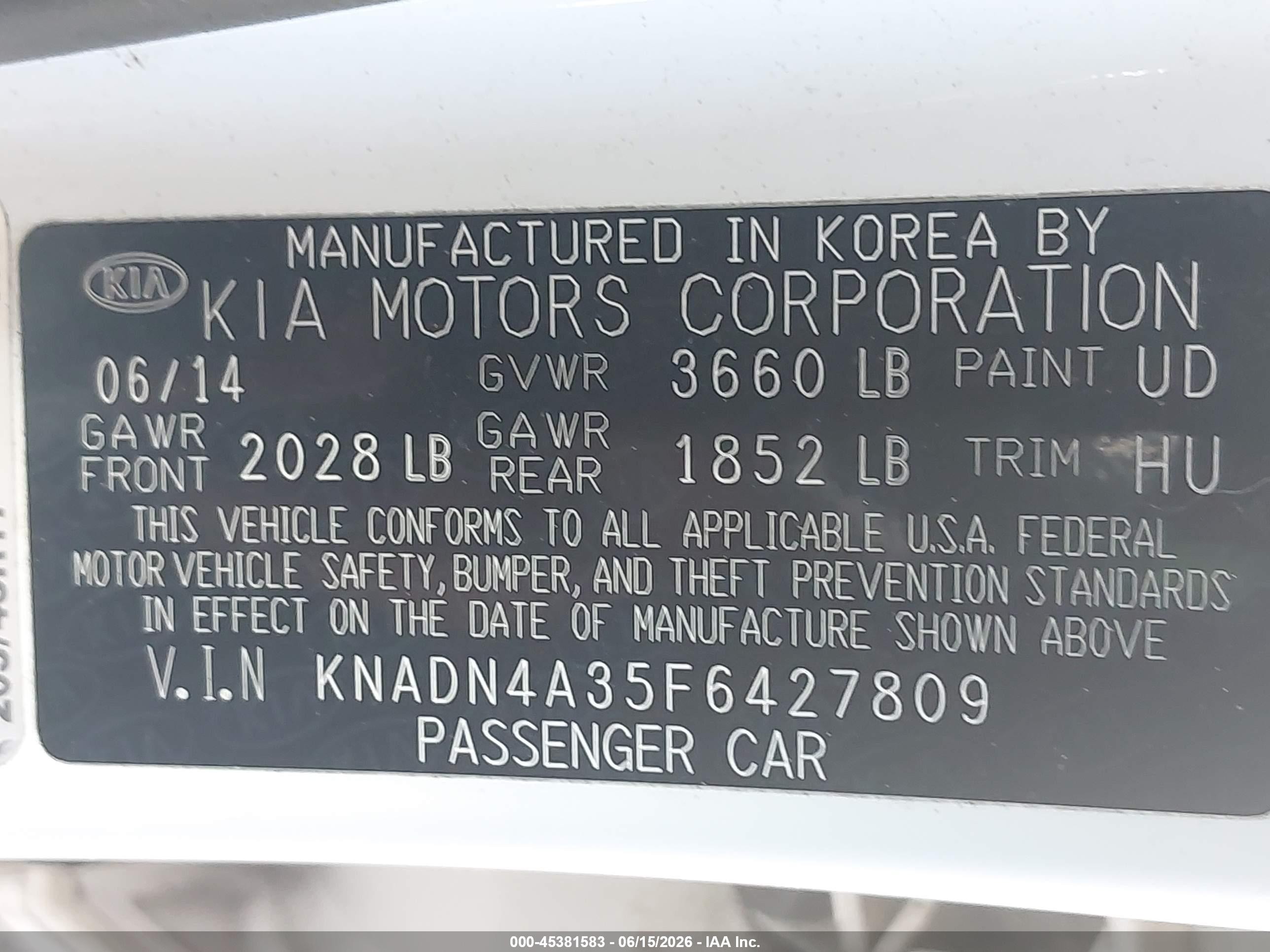 2015 Kia Rio Sx White vin: KNADN4A35F6427809