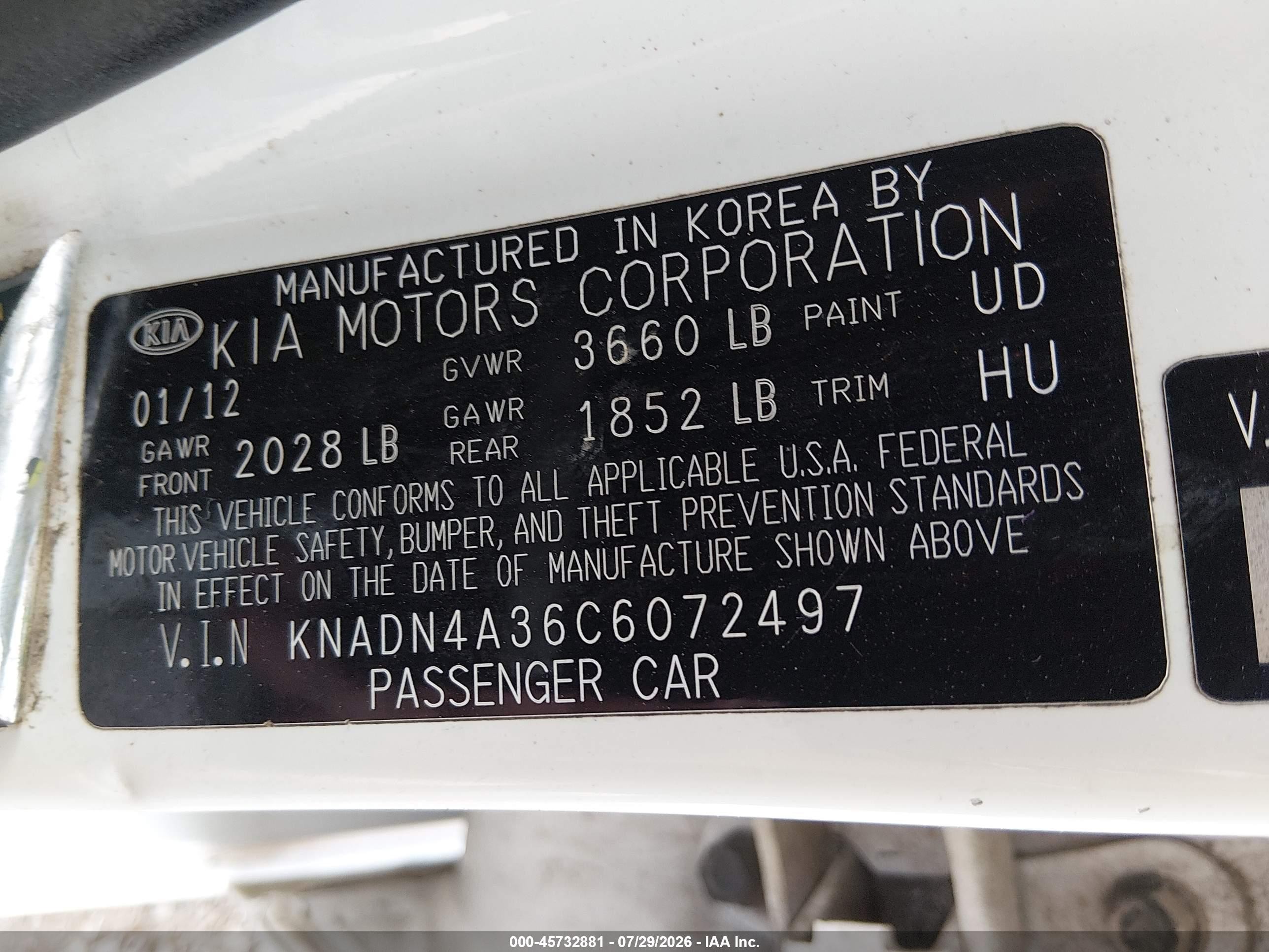 2012 Kia Rio Sx White vin: KNADN4A36C6072497