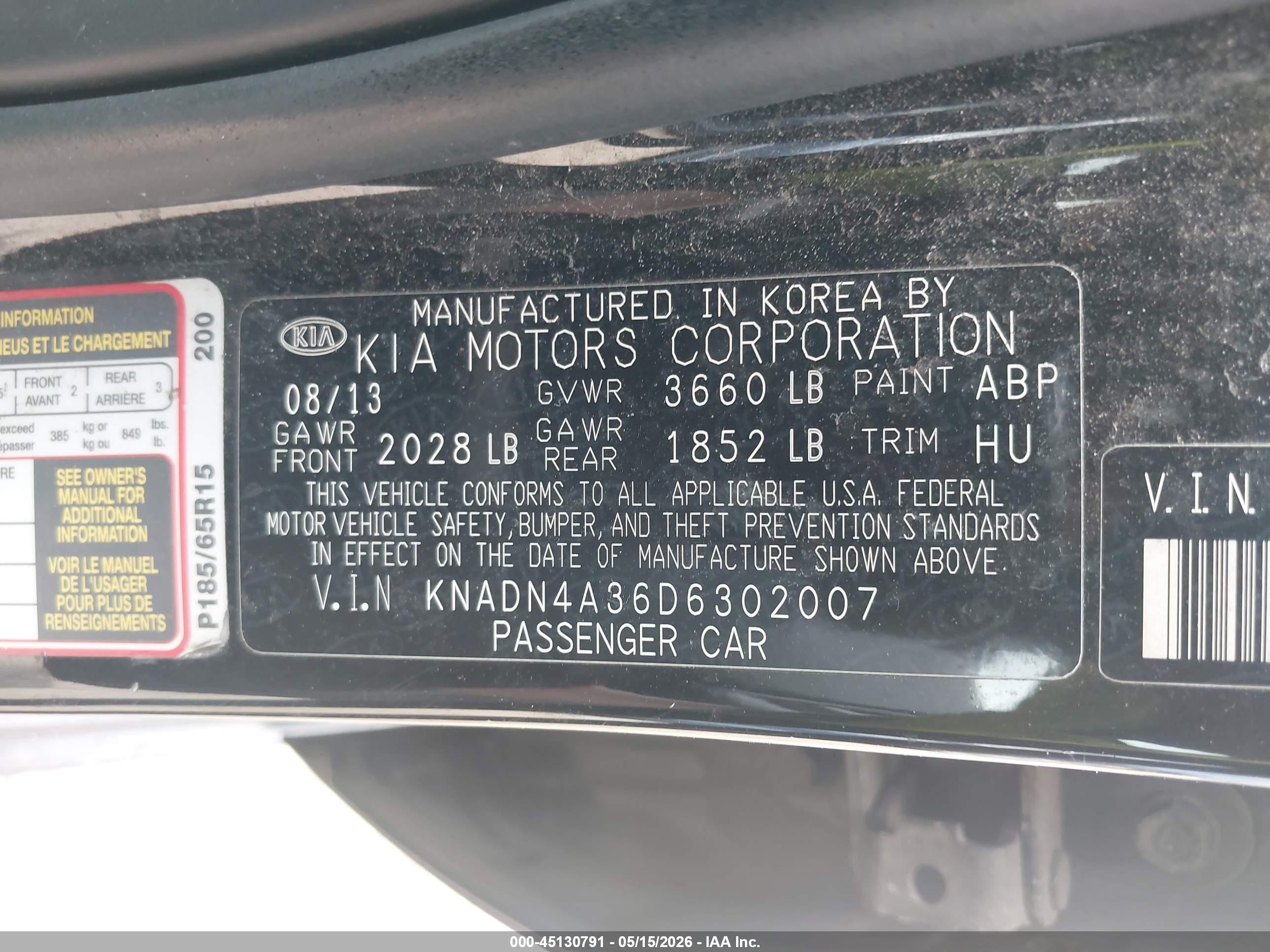 2013 Kia Rio Ex Black vin: KNADN4A36D6302007