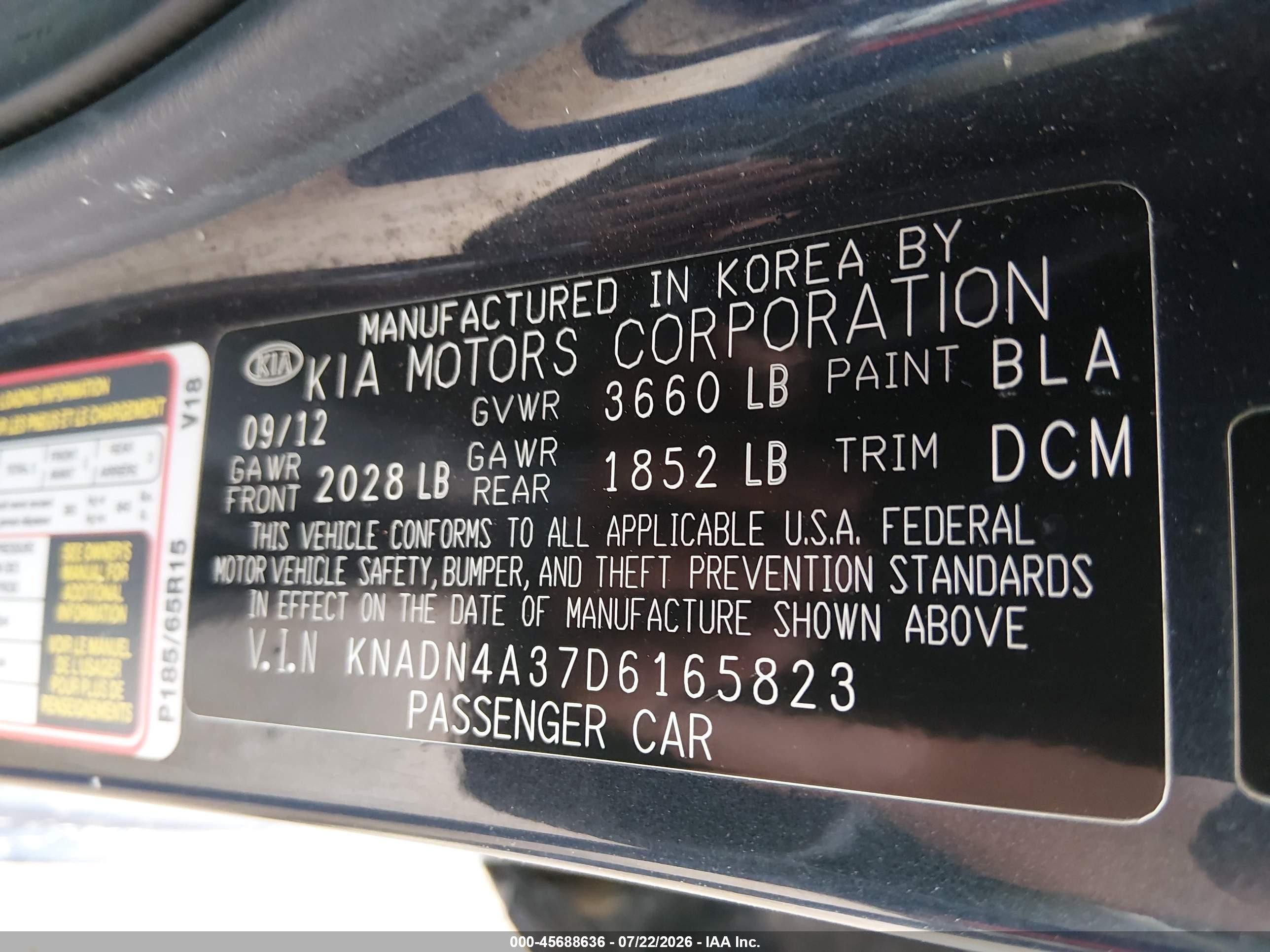 2013 Kia Rio Ex Dark Blue vin: KNADN4A37D6165823