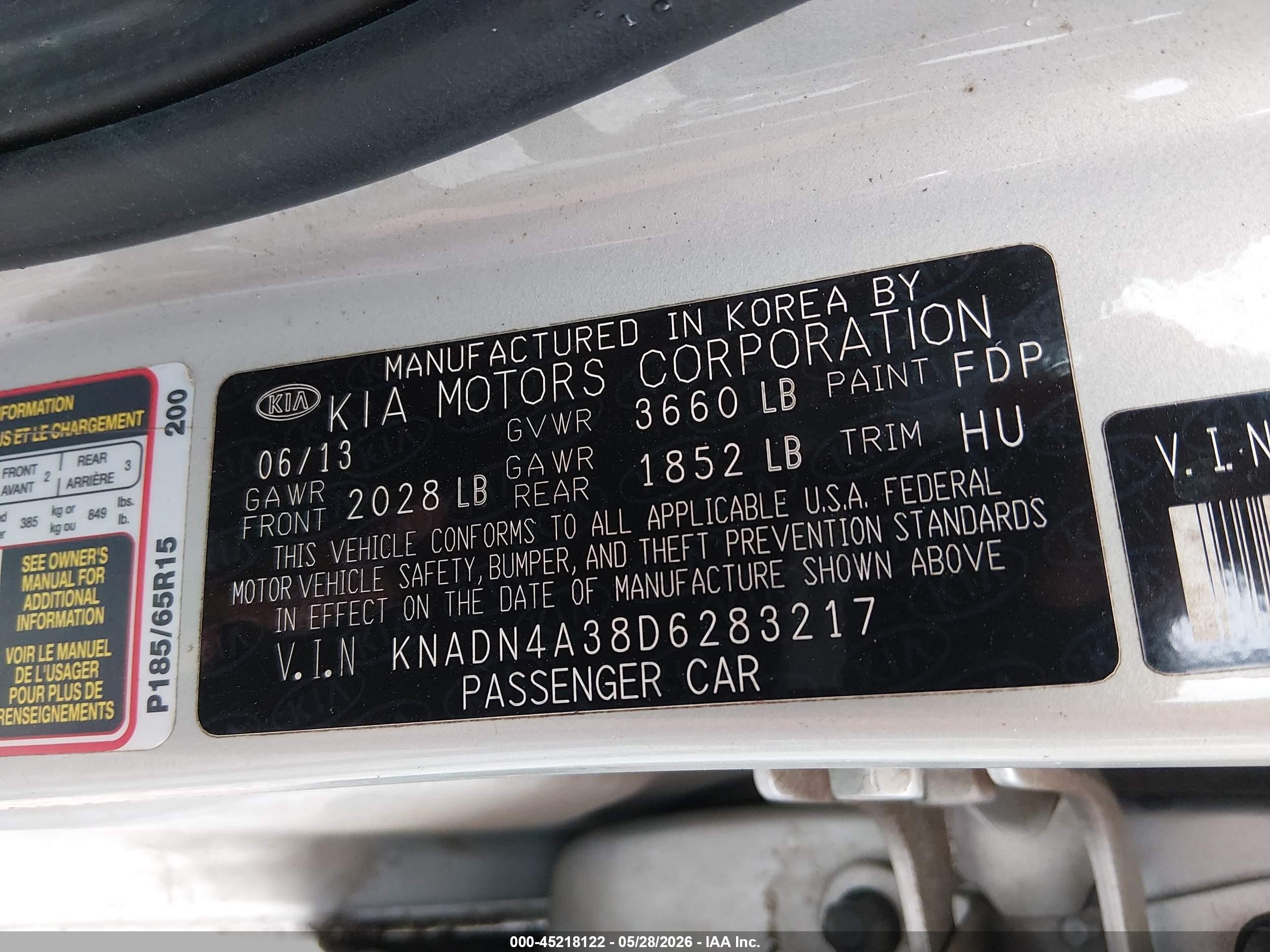 2013 Kia Rio Ex Gray vin: KNADN4A38D6283217