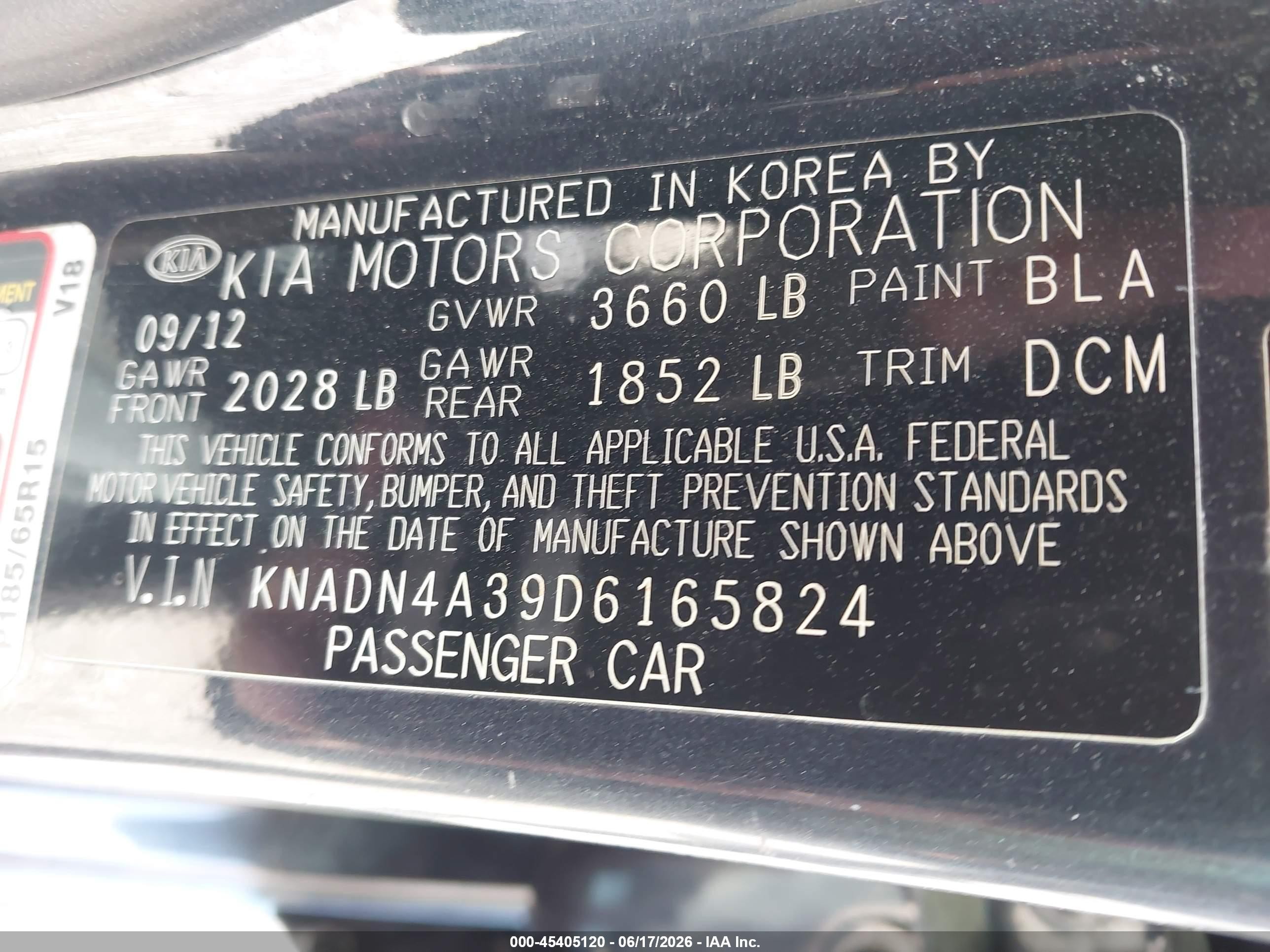 2013 Kia Rio Ex Black vin: KNADN4A39D6165824