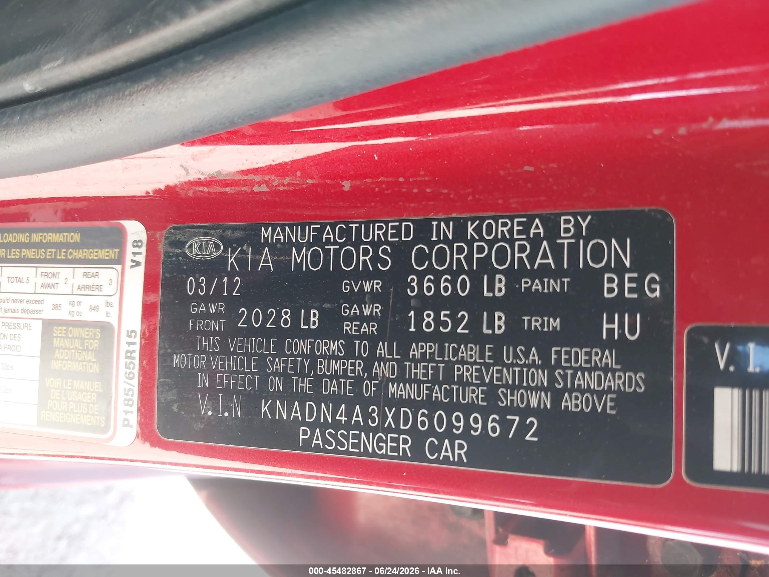 2013 Kia Rio Ex Red vin: KNADN4A3XD6099672