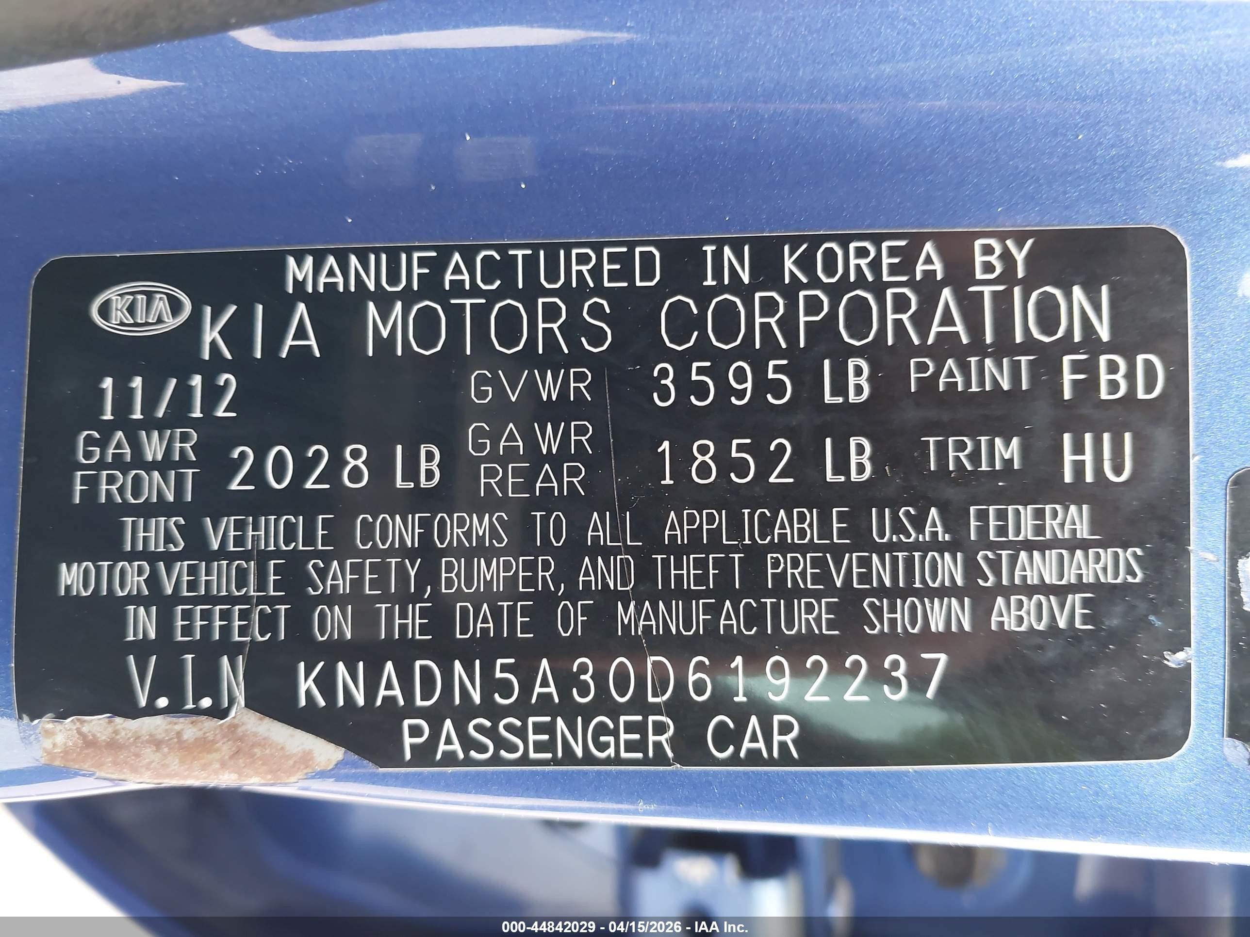 2013 Kia Rio Sx Blue vin: KNADN5A30D6192237