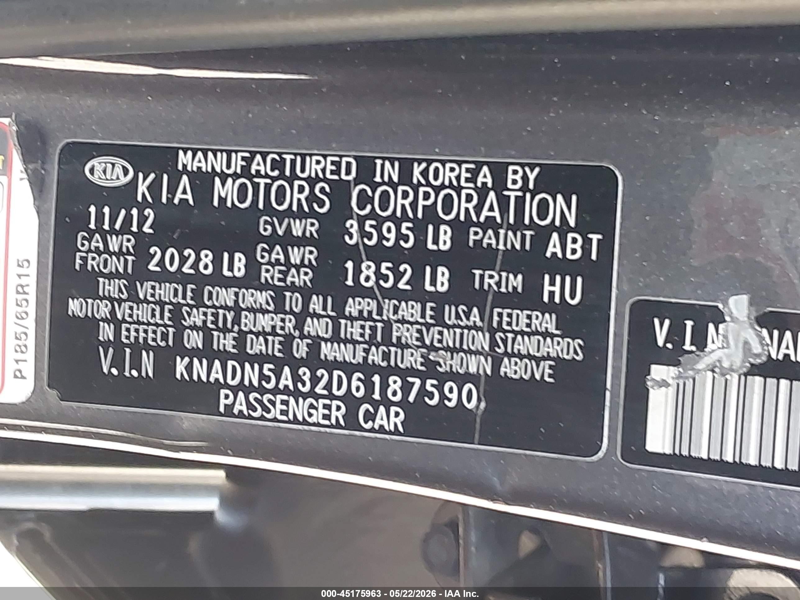 2013 Kia Rio Ex Gray vin: KNADN5A32D6187590