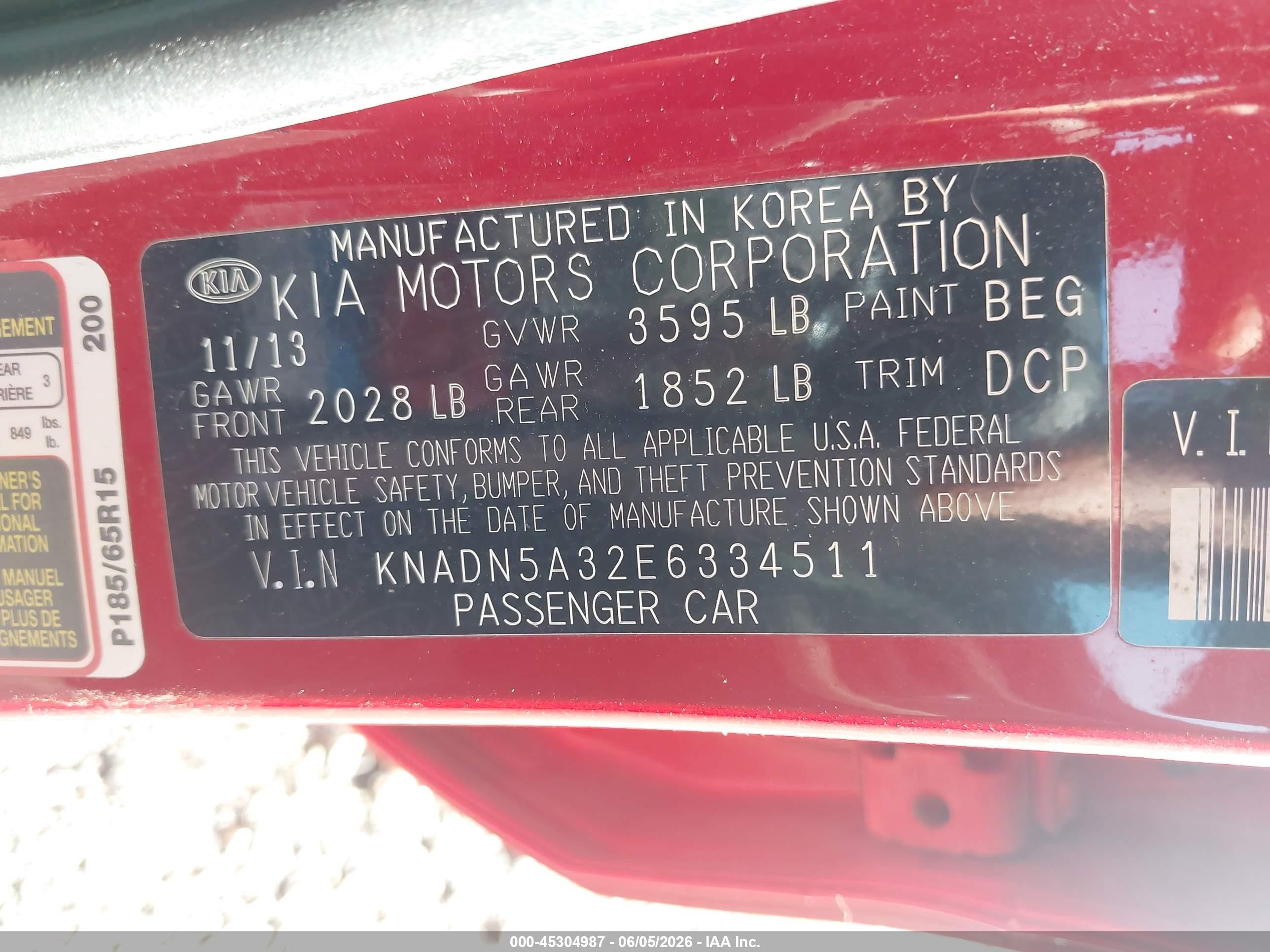 2014 Kia Rio Ex Red vin: KNADN5A32E6334511