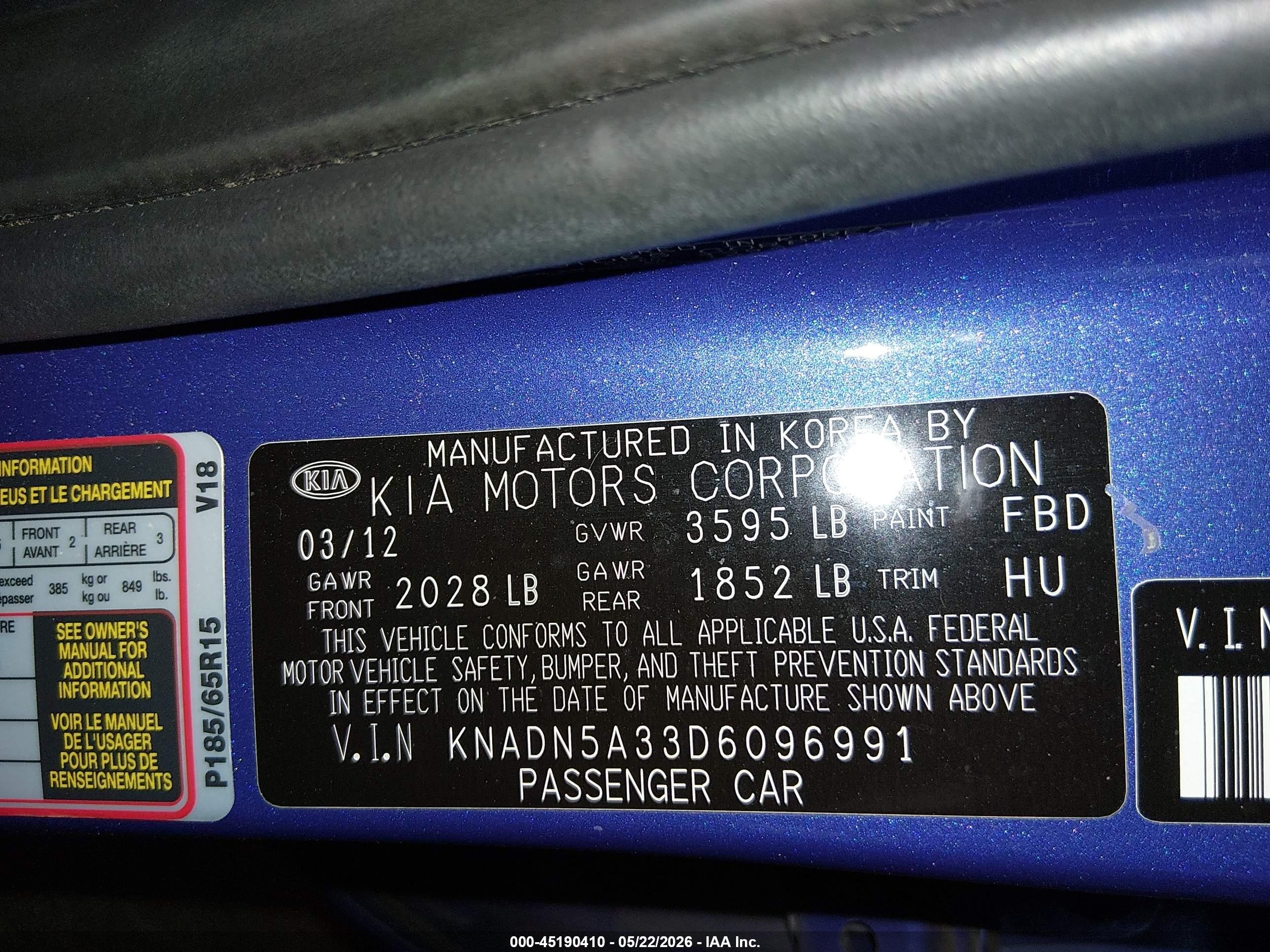 2013 Kia Rio Ex Blue vin: KNADN5A33D6096991
