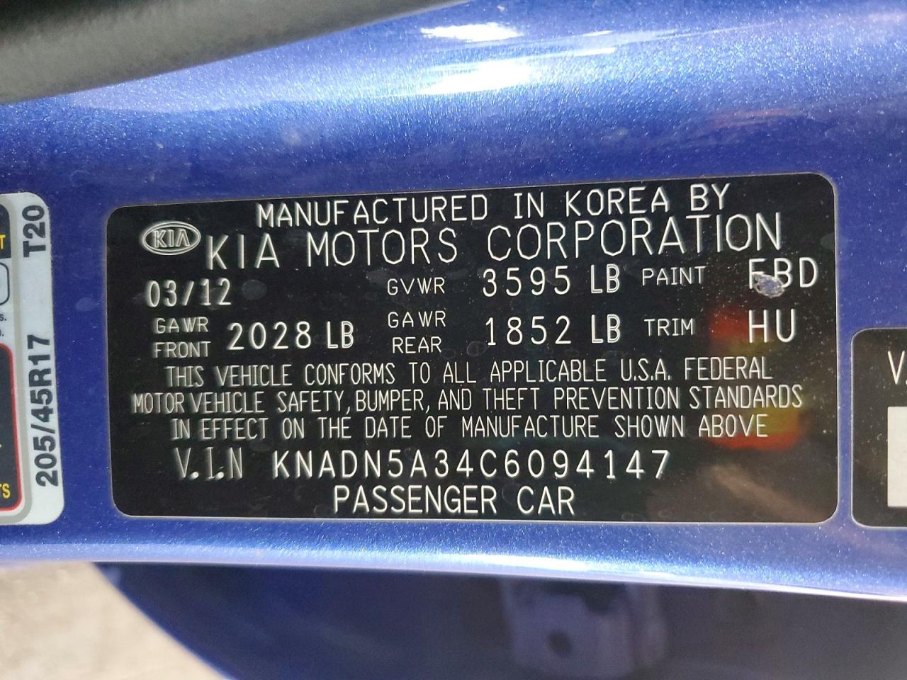 2012 Kia Rio 5-door Sx Blue vin: KNADN5A34C6094147