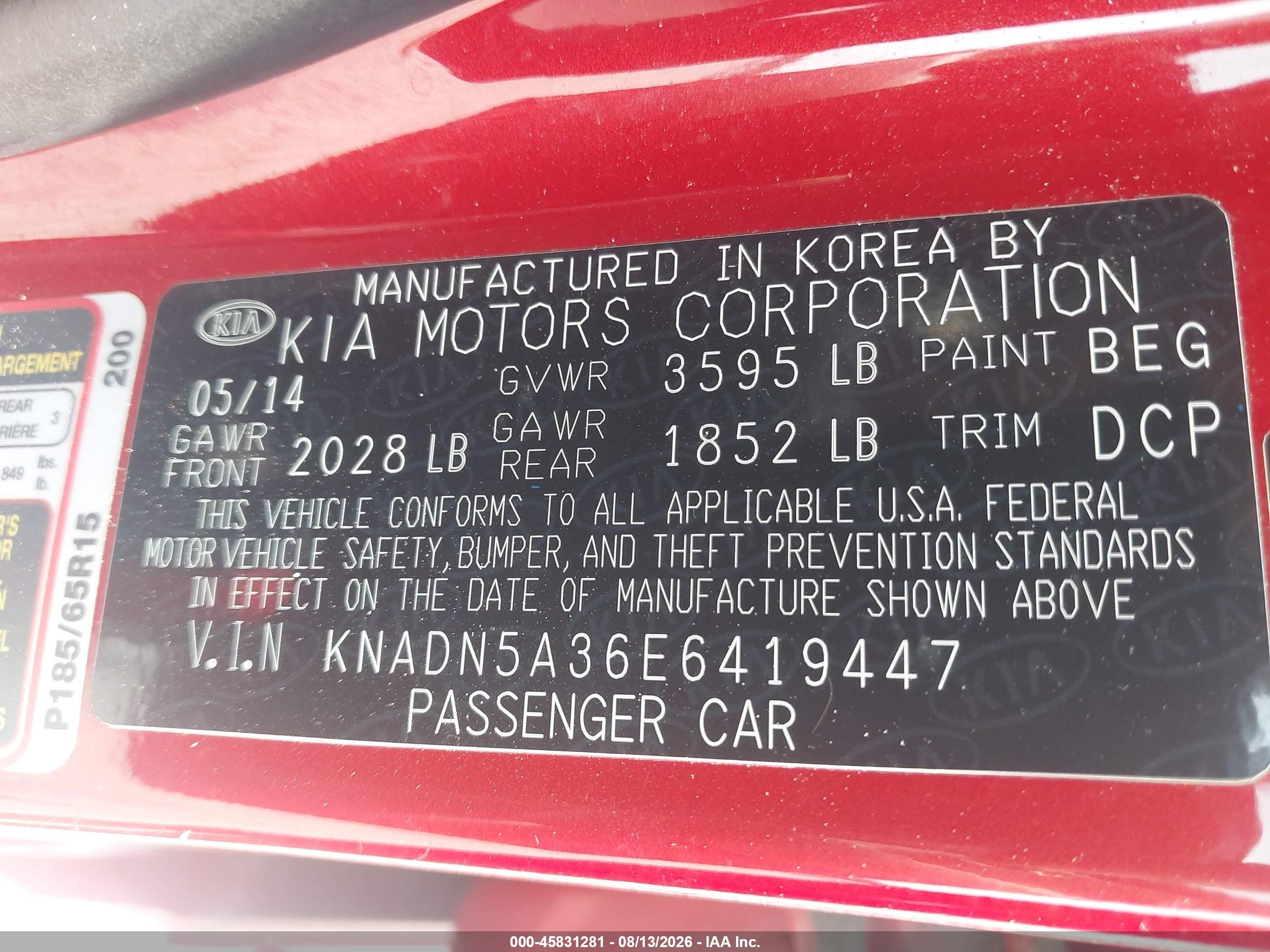 2014 Kia Rio Ex Red vin: KNADN5A36E6419447