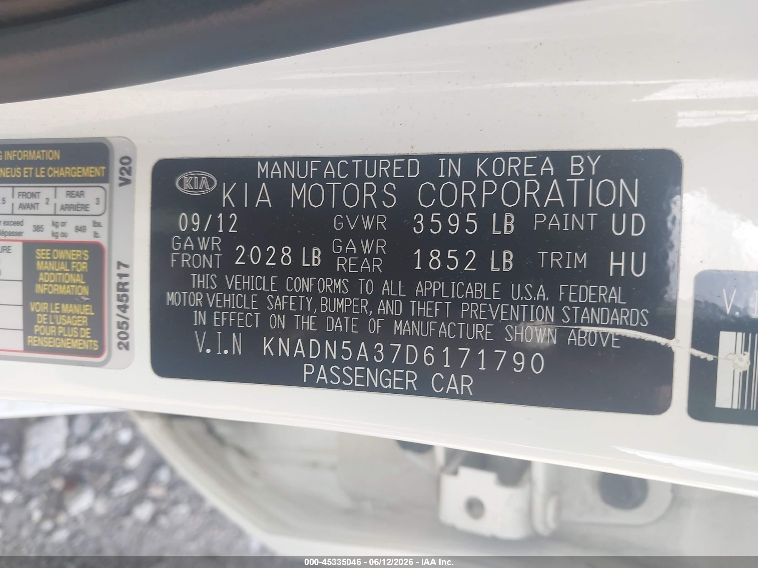 2013 Kia Rio Sx White vin: KNADN5A37D6171790