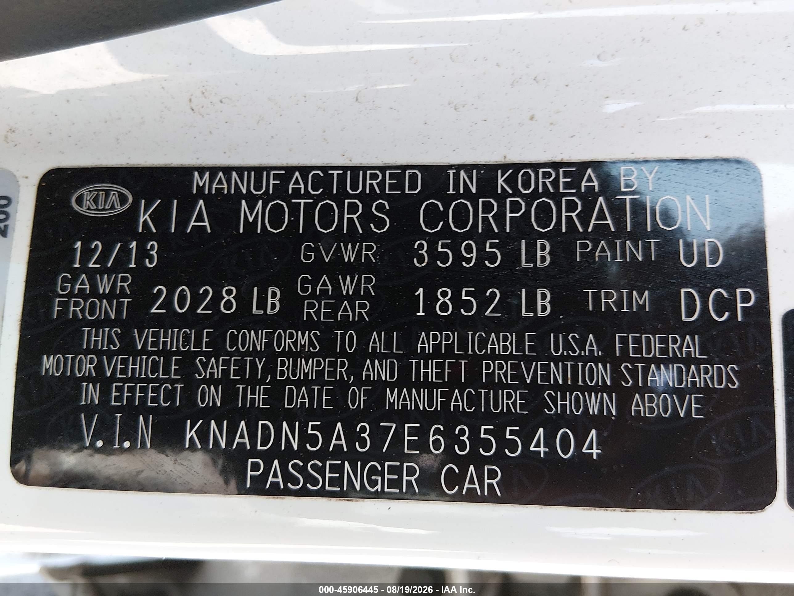 2014 Kia Rio Ex White vin: KNADN5A37E6355404