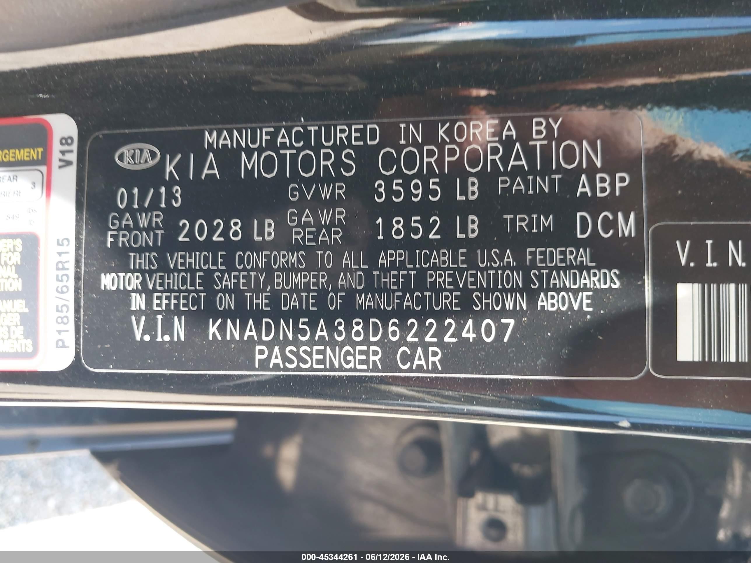 2013 Kia Rio Ex Black vin: KNADN5A38D6222407
