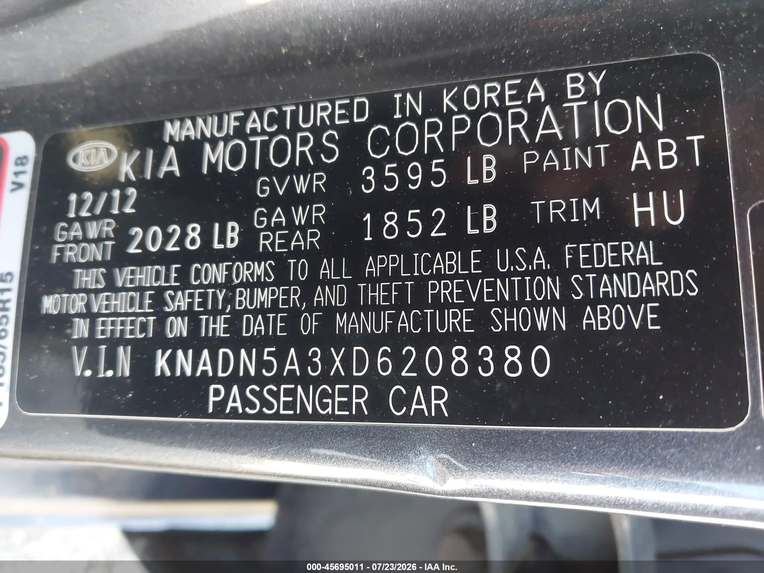 2013 Kia Rio Ex Gray vin: KNADN5A3XD6208380