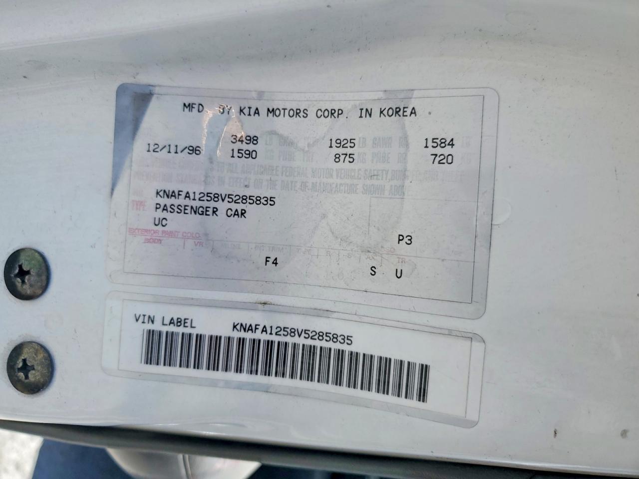1997 Kia Sephia Rs White vin: KNAFA1258V5285835