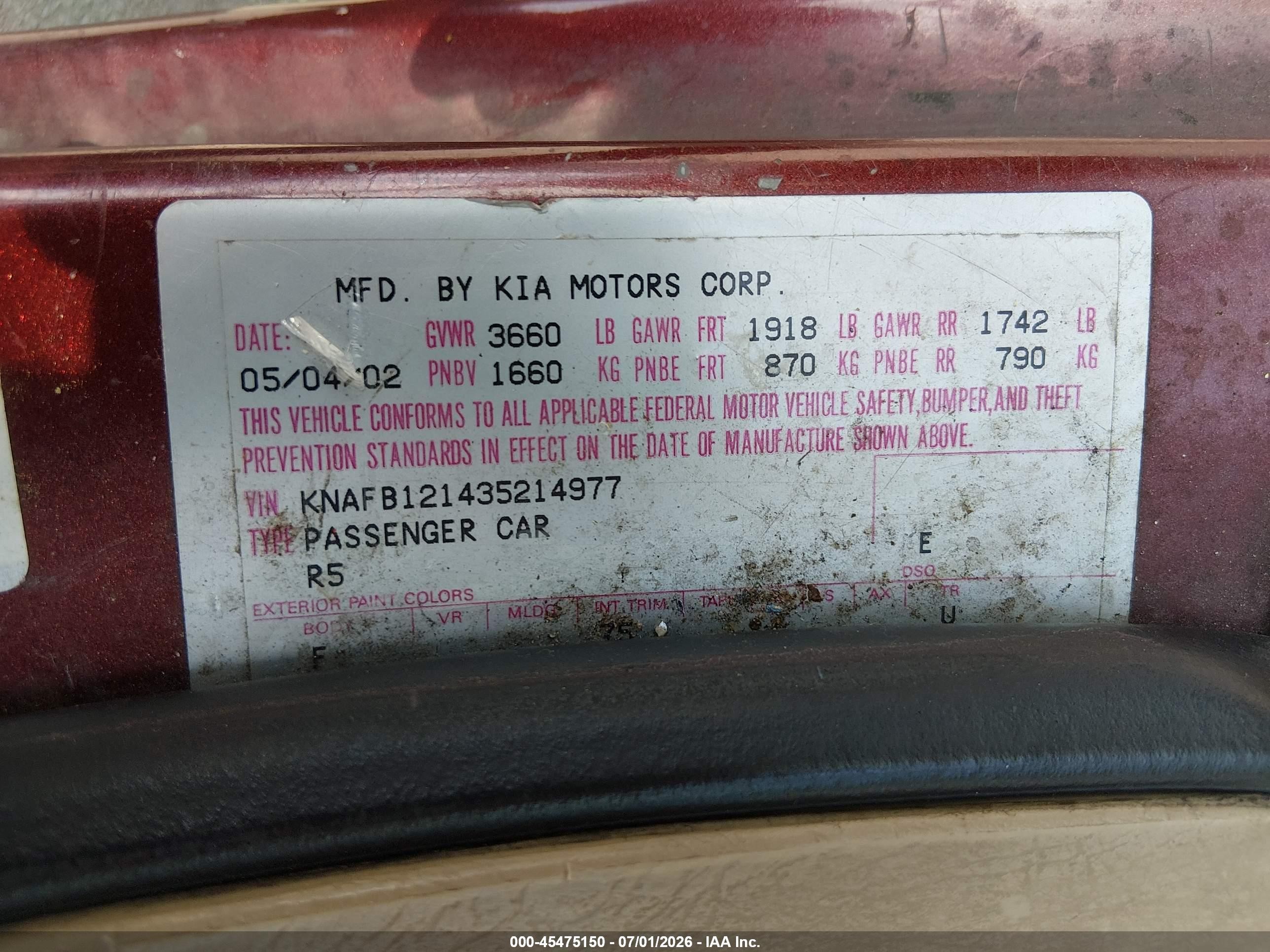 2003 Kia Spectra Ls Burgundy vin: KNAFB121435214977