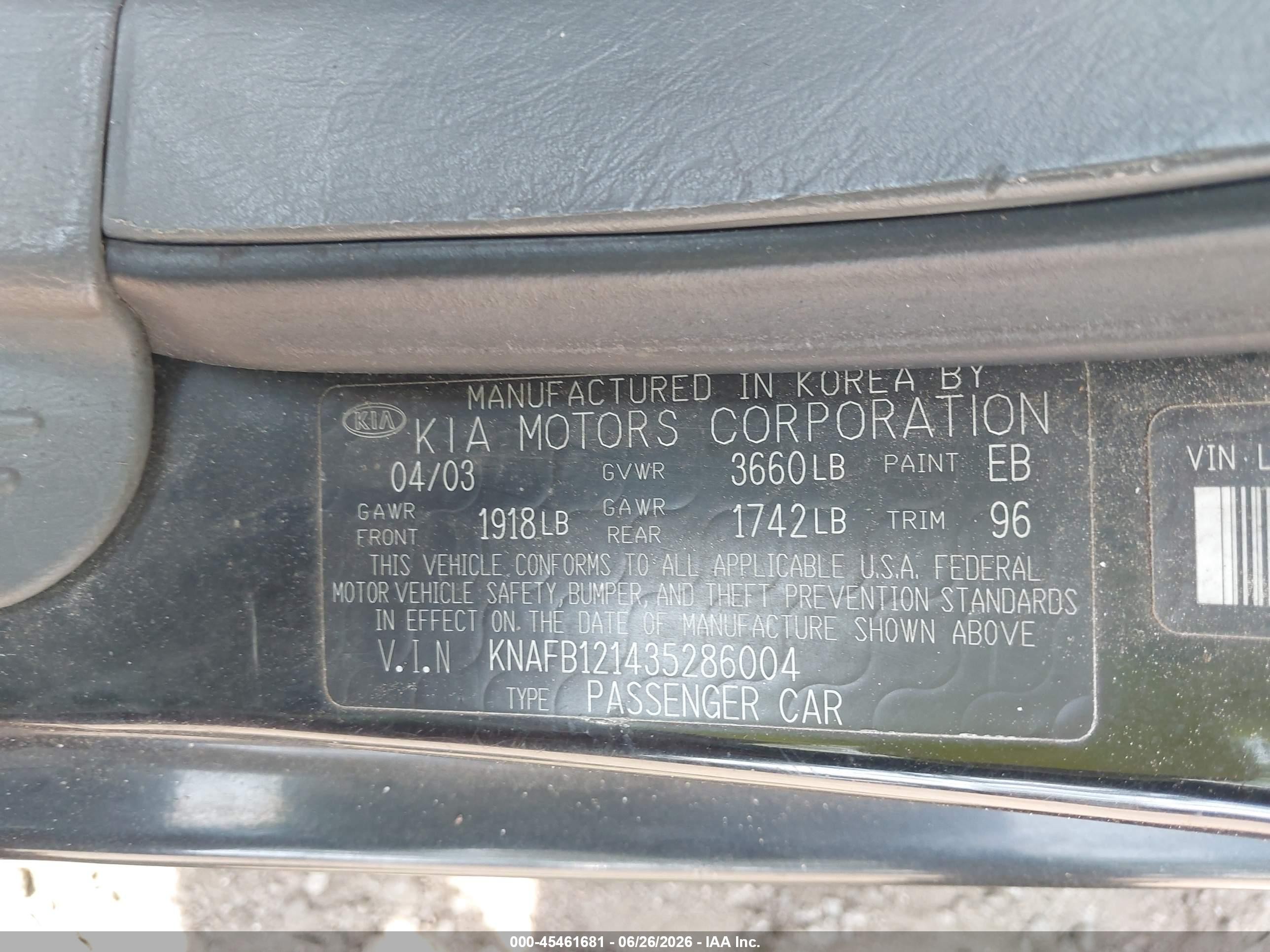 2003 Kia Spectra Ls Black vin: KNAFB121435286004
