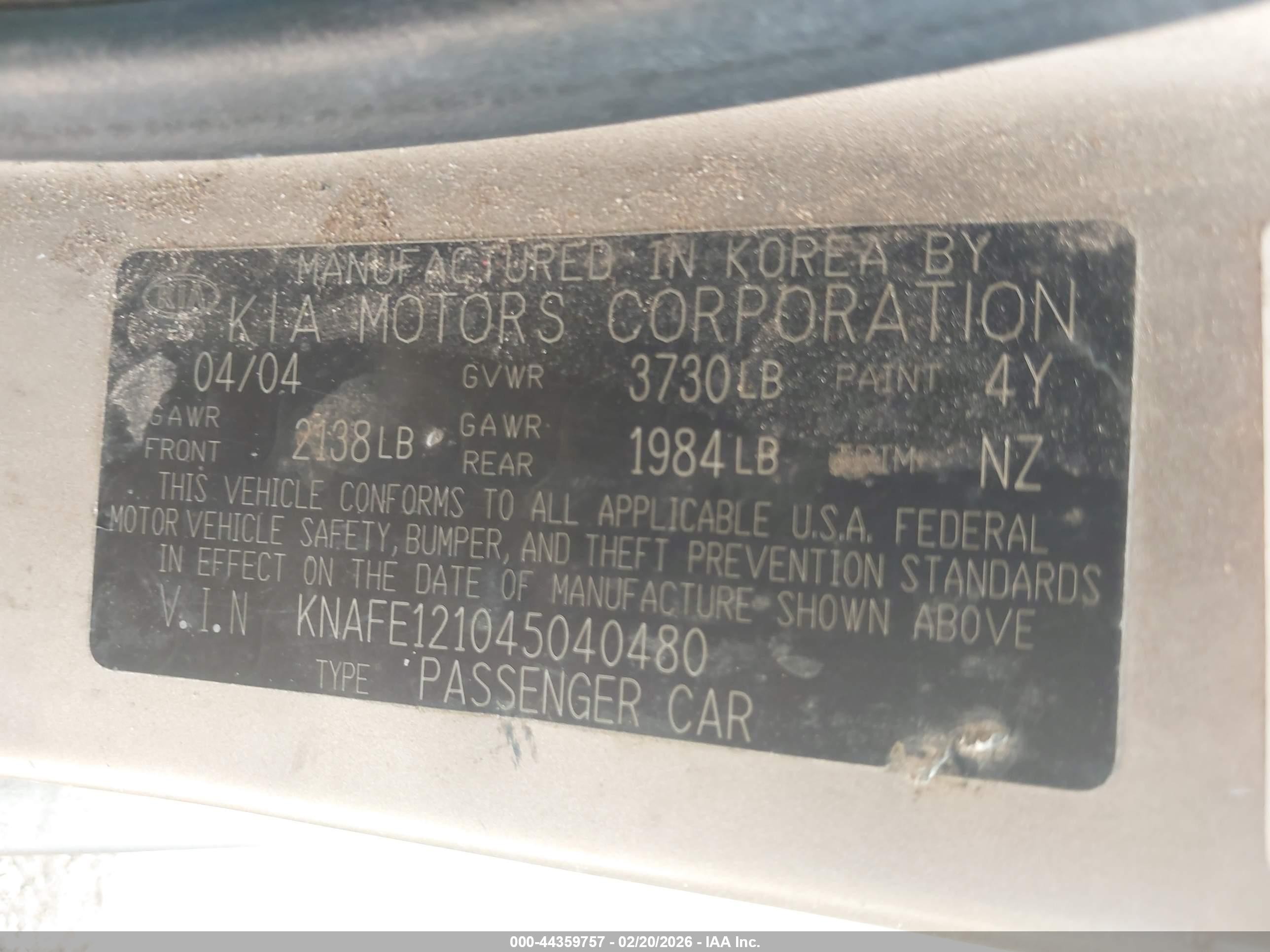 2004 Kia Spectra Ex/lx Gold vin: KNAFE121045040480
