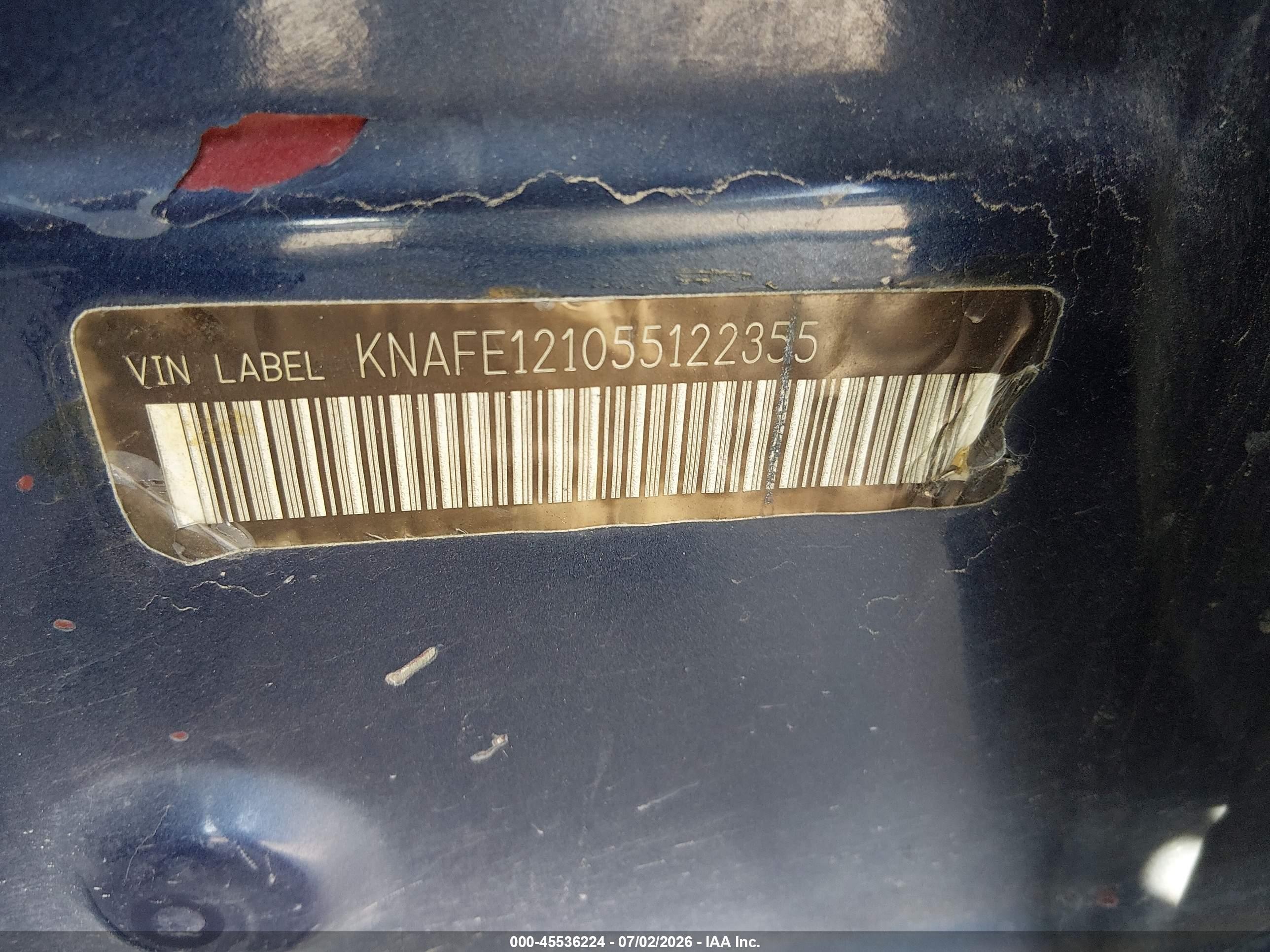 2005 Kia Spectra Ex/lx/sx Blue vin: KNAFE121055122355