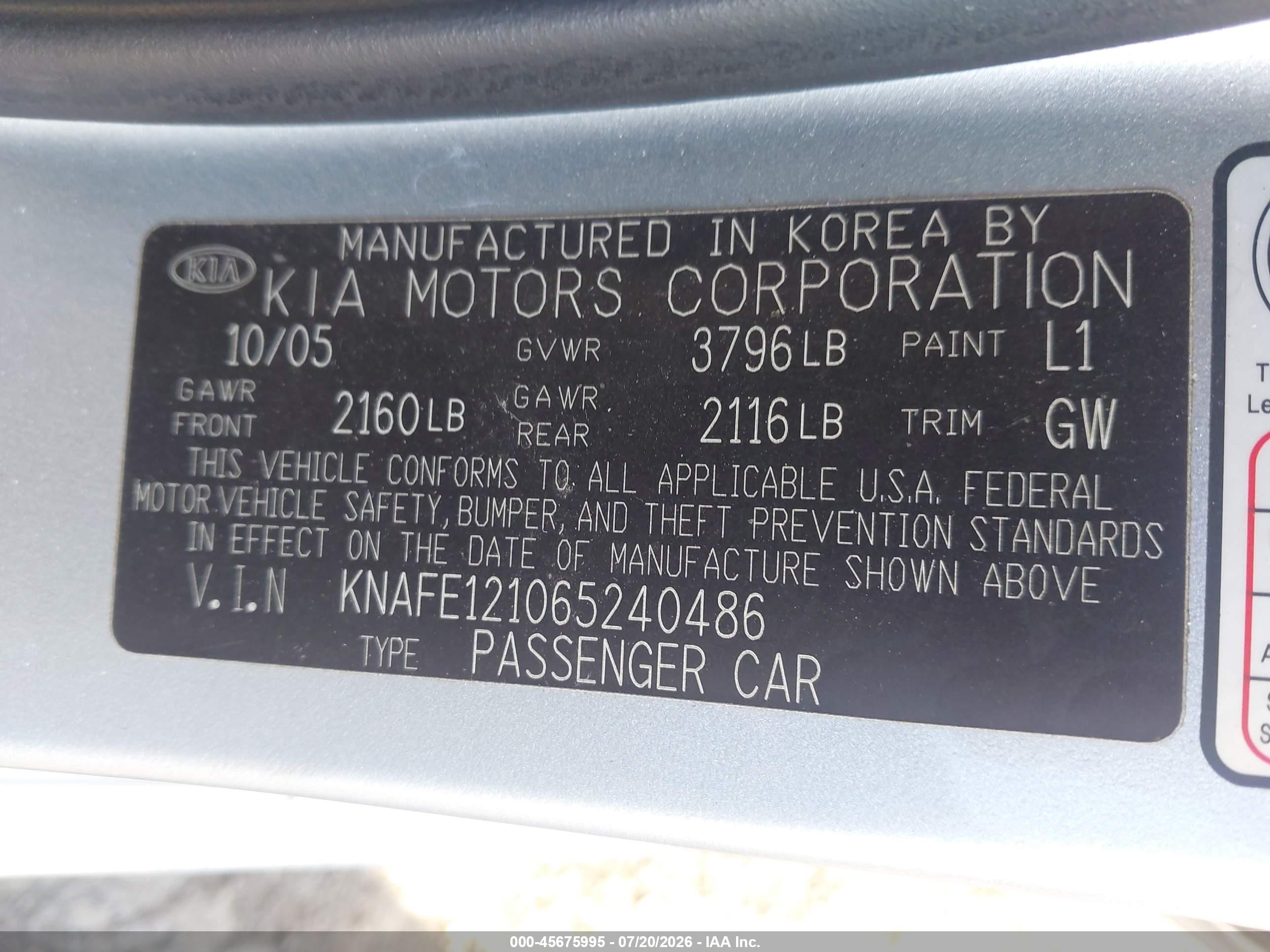 2006 Kia Spectra Ex/lx/sx Light Blue vin: KNAFE121065240486