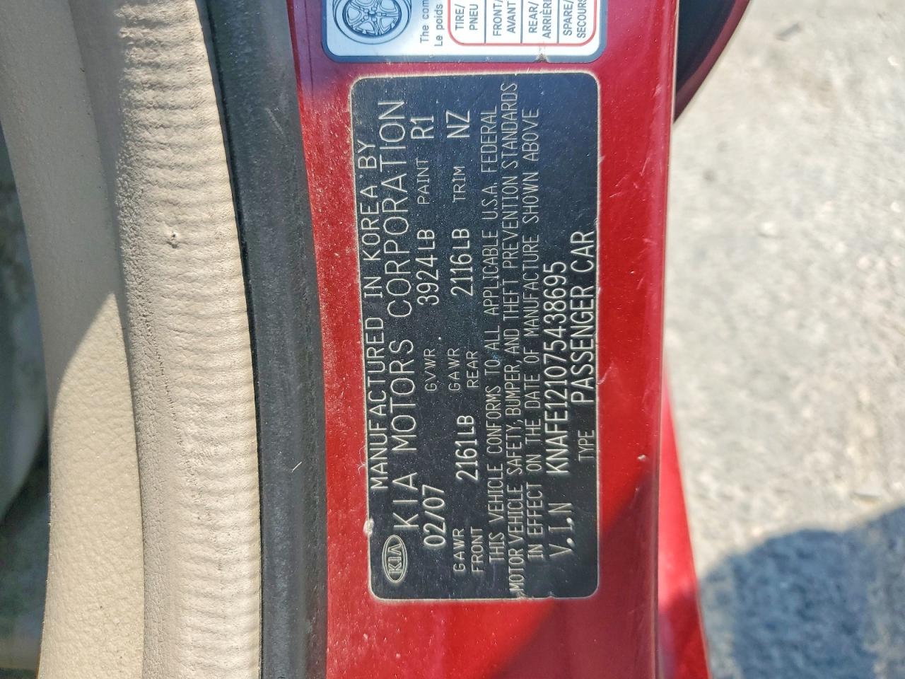 2007 Kia Spectra Lx Red vin: KNAFE121075438695