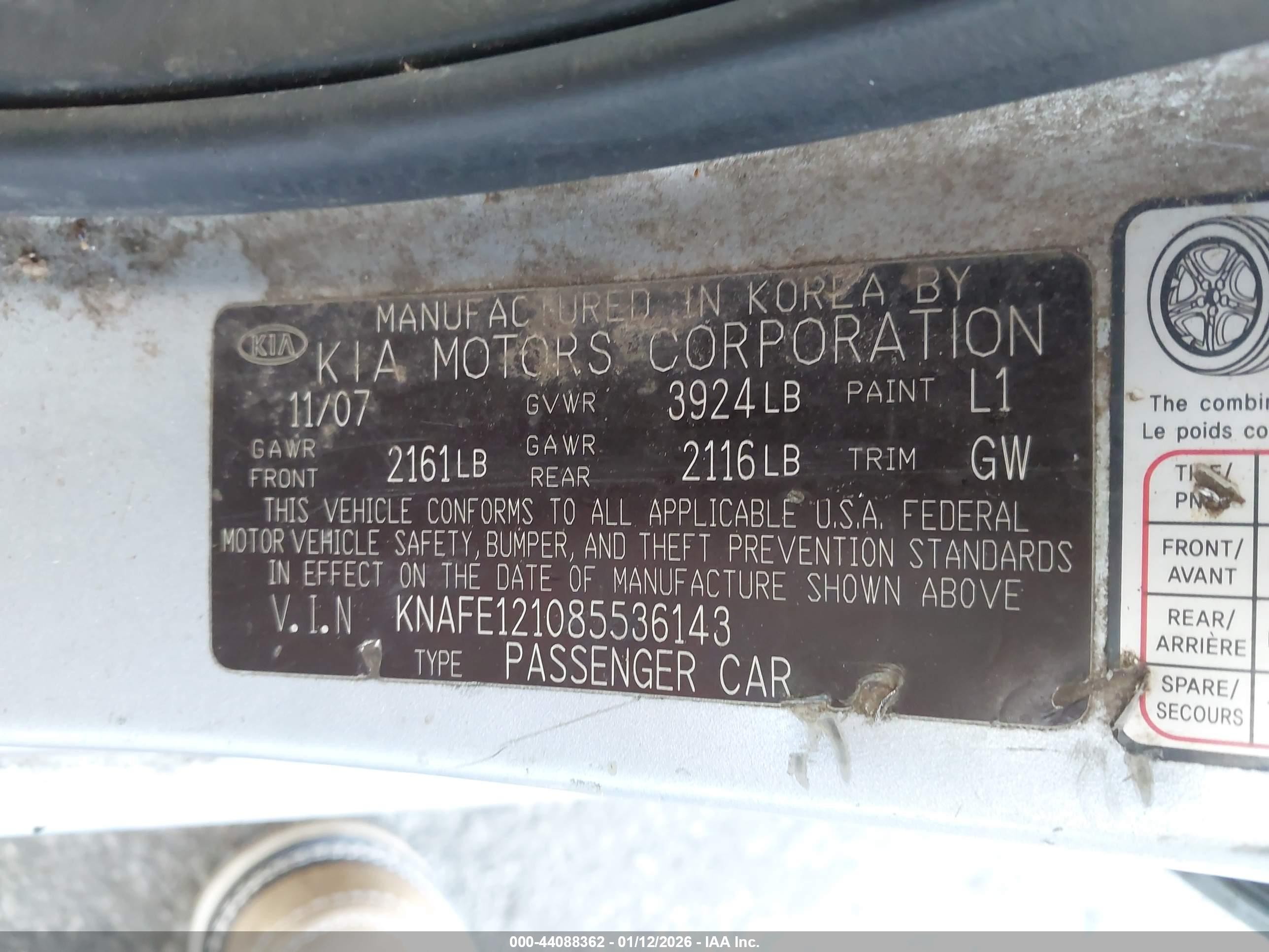2008 Kia Spectra Lx Silver vin: KNAFE121085536143