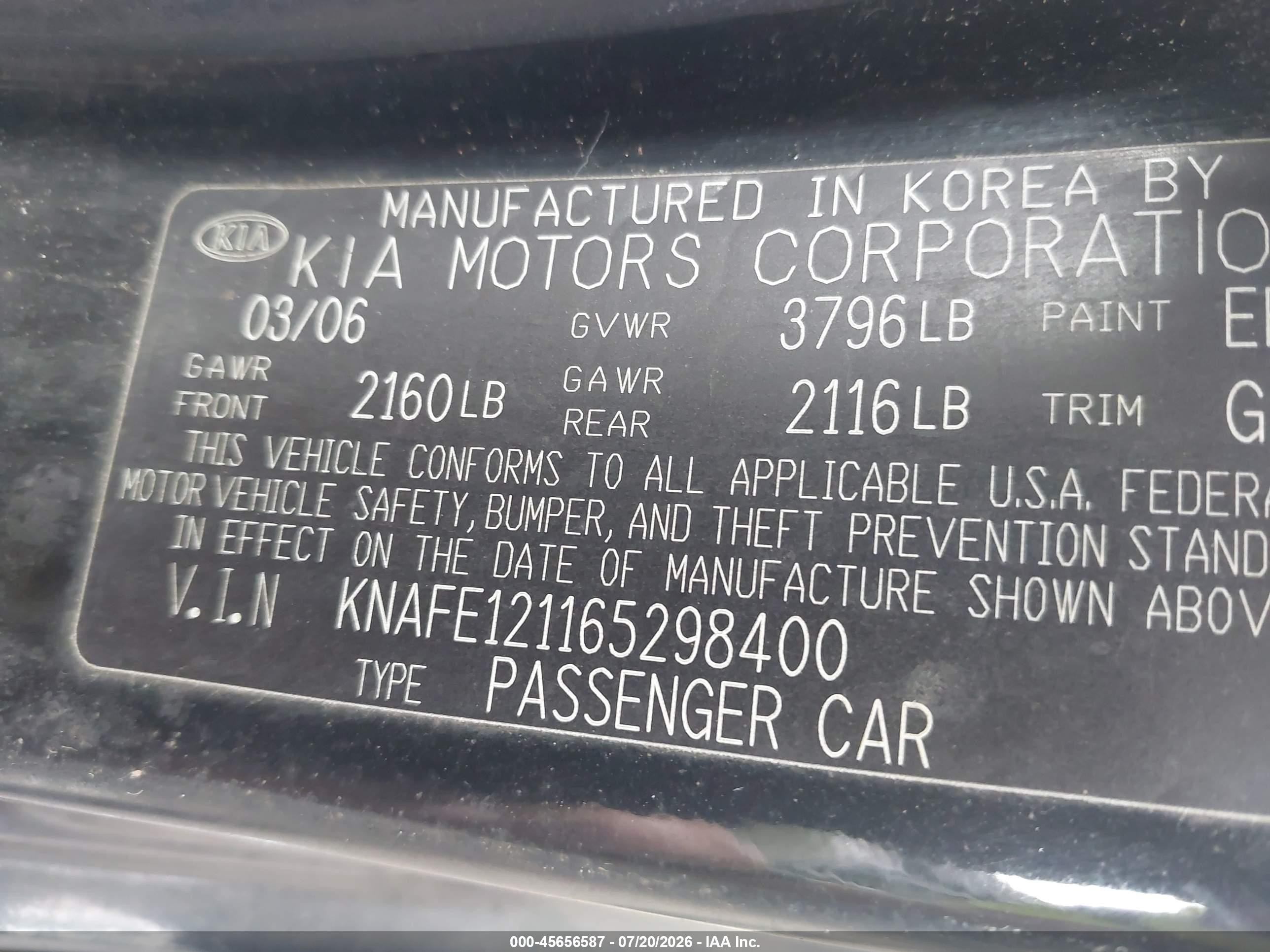 2006 Kia Spectra Ex/lx/sx Black vin: KNAFE121165298400