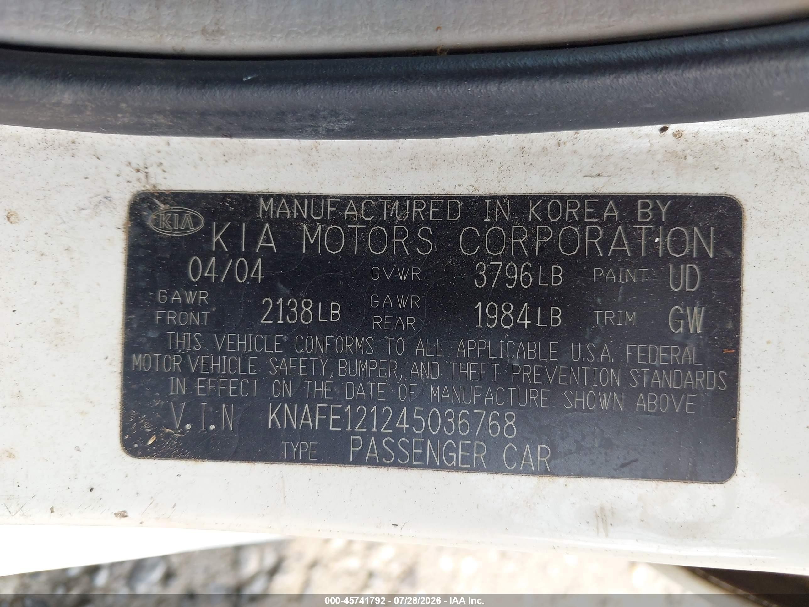 2004 Kia Spectra Ex/lx White vin: KNAFE121245036768